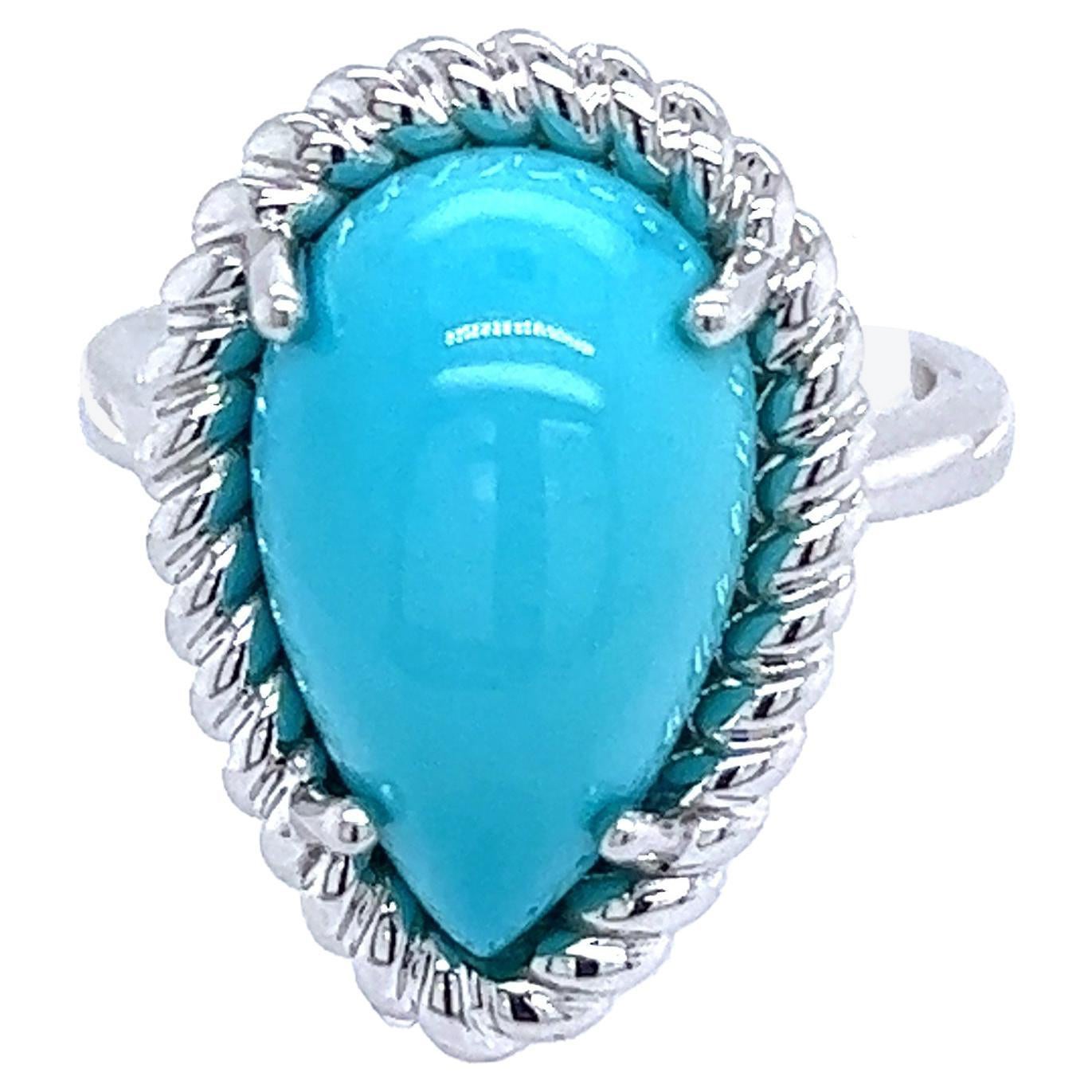 Bague en or blanc 14 carats avec turquoise persane naturelle certifiée TCW, taille 6 en vente