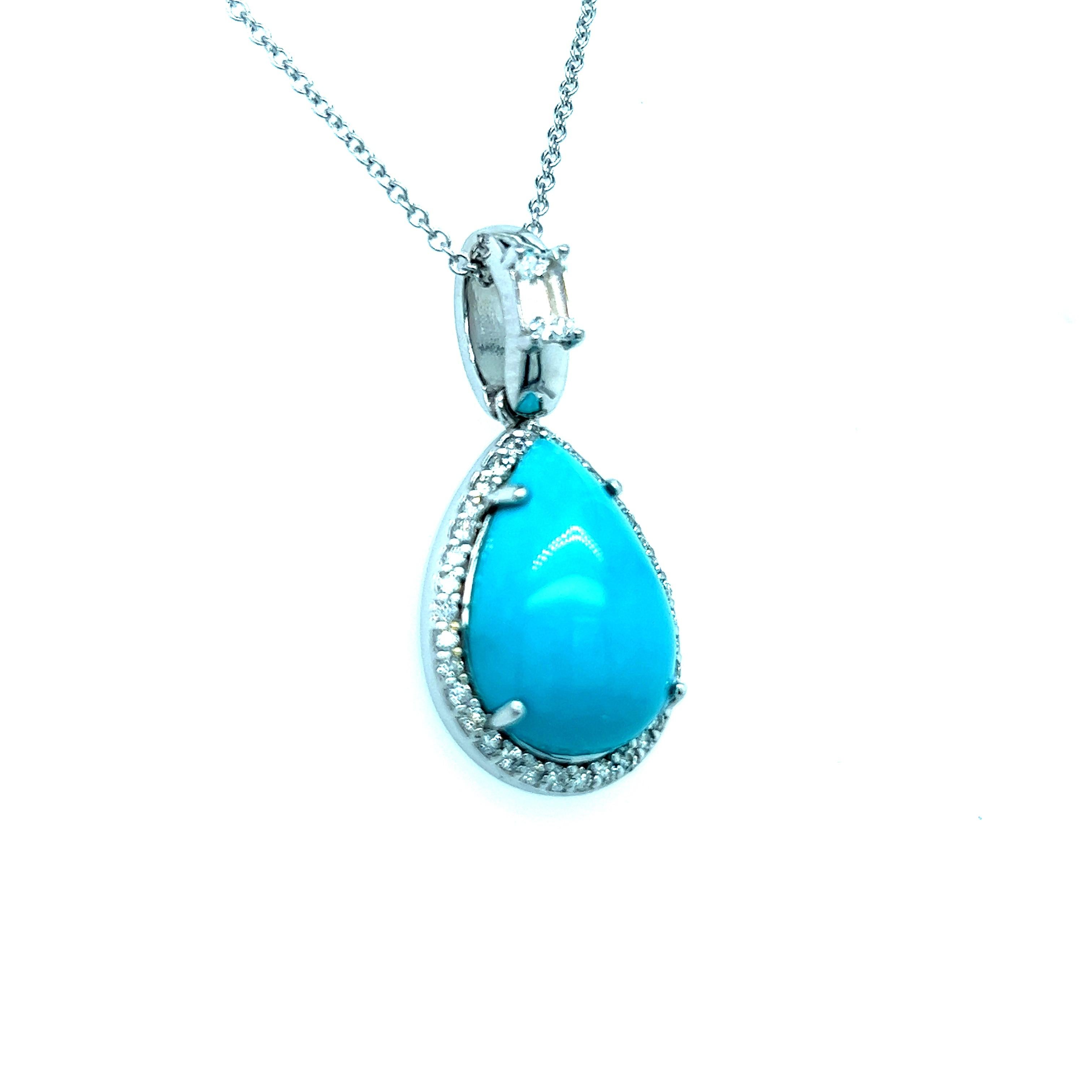 Natural Persian Turquoise Sapphire Diamond Pendant Necklace 14k WG Certified In New Condition For Sale In Brooklyn, NY