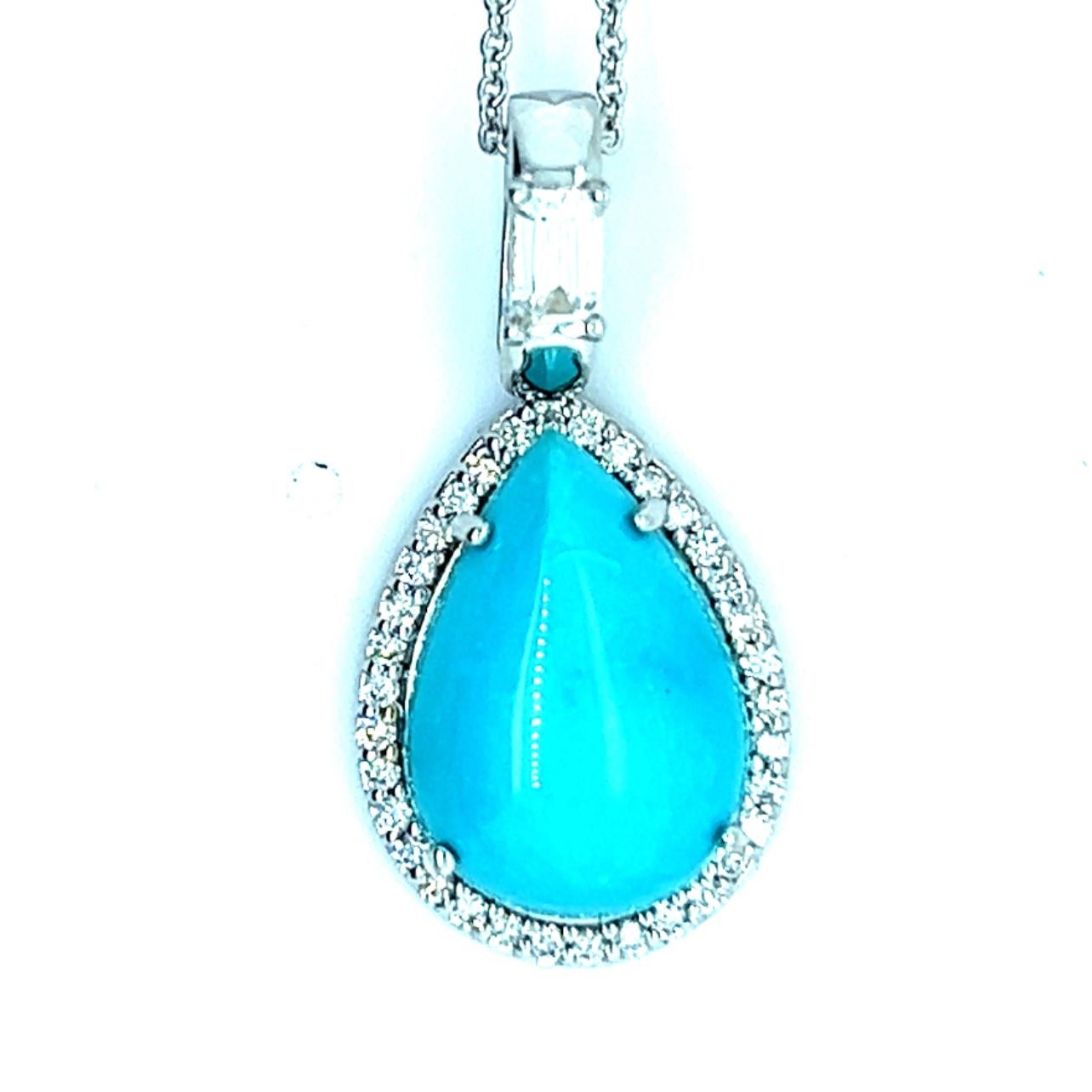 Women's Natural Persian Turquoise Sapphire Diamond Pendant Necklace 14k WG Certified For Sale