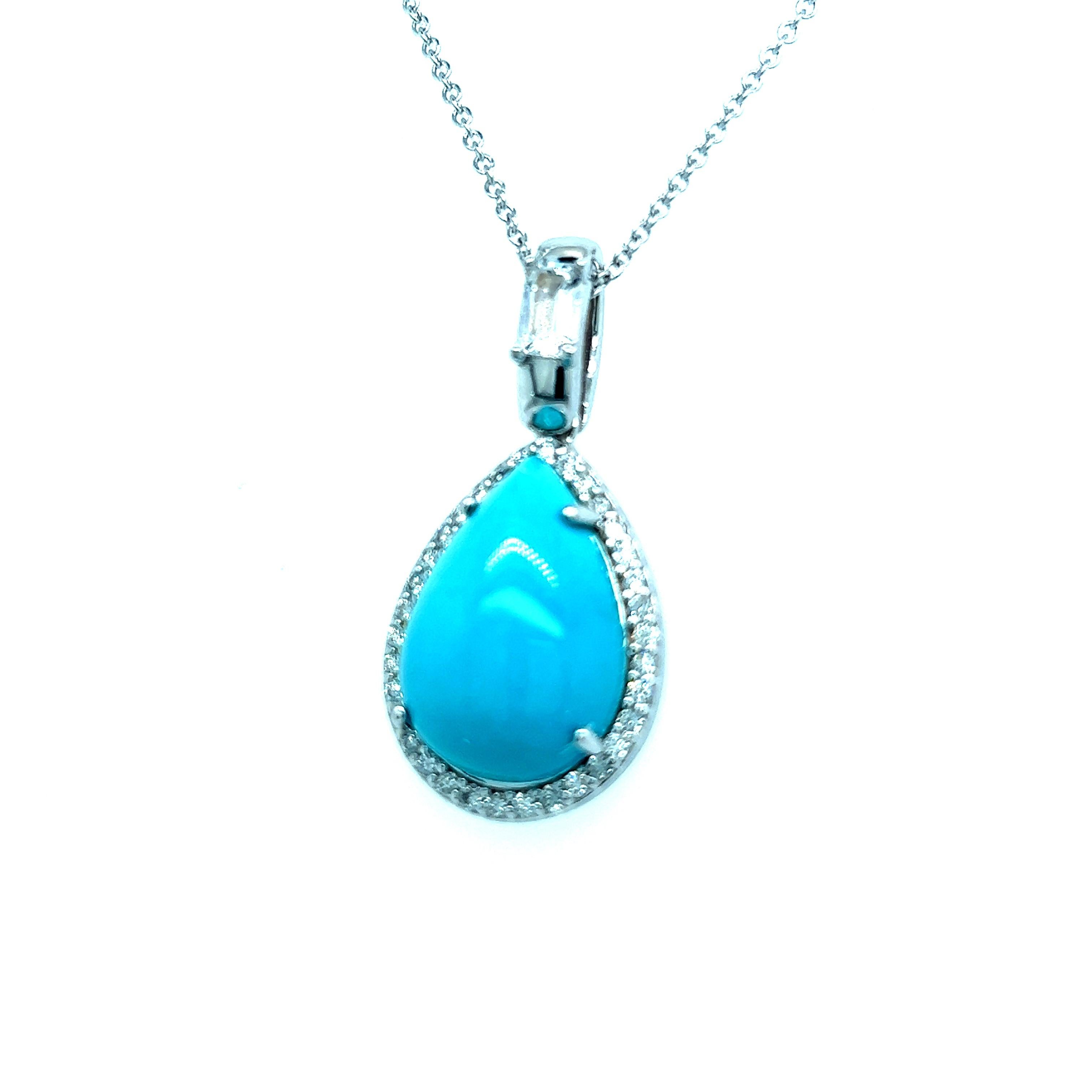 Natural Persian Turquoise Sapphire Diamond Pendant Necklace 14k WG Certified For Sale 1