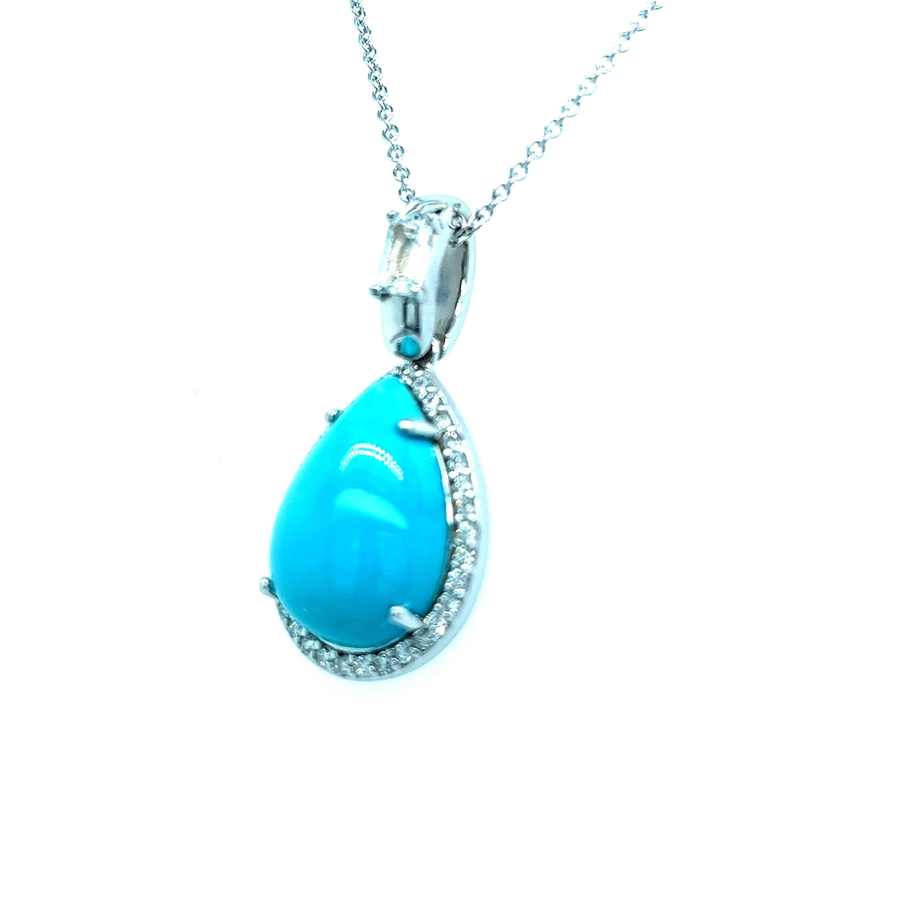 Natural Persian Turquoise Sapphire Diamond Pendant Necklace 14k WG Certified For Sale 2