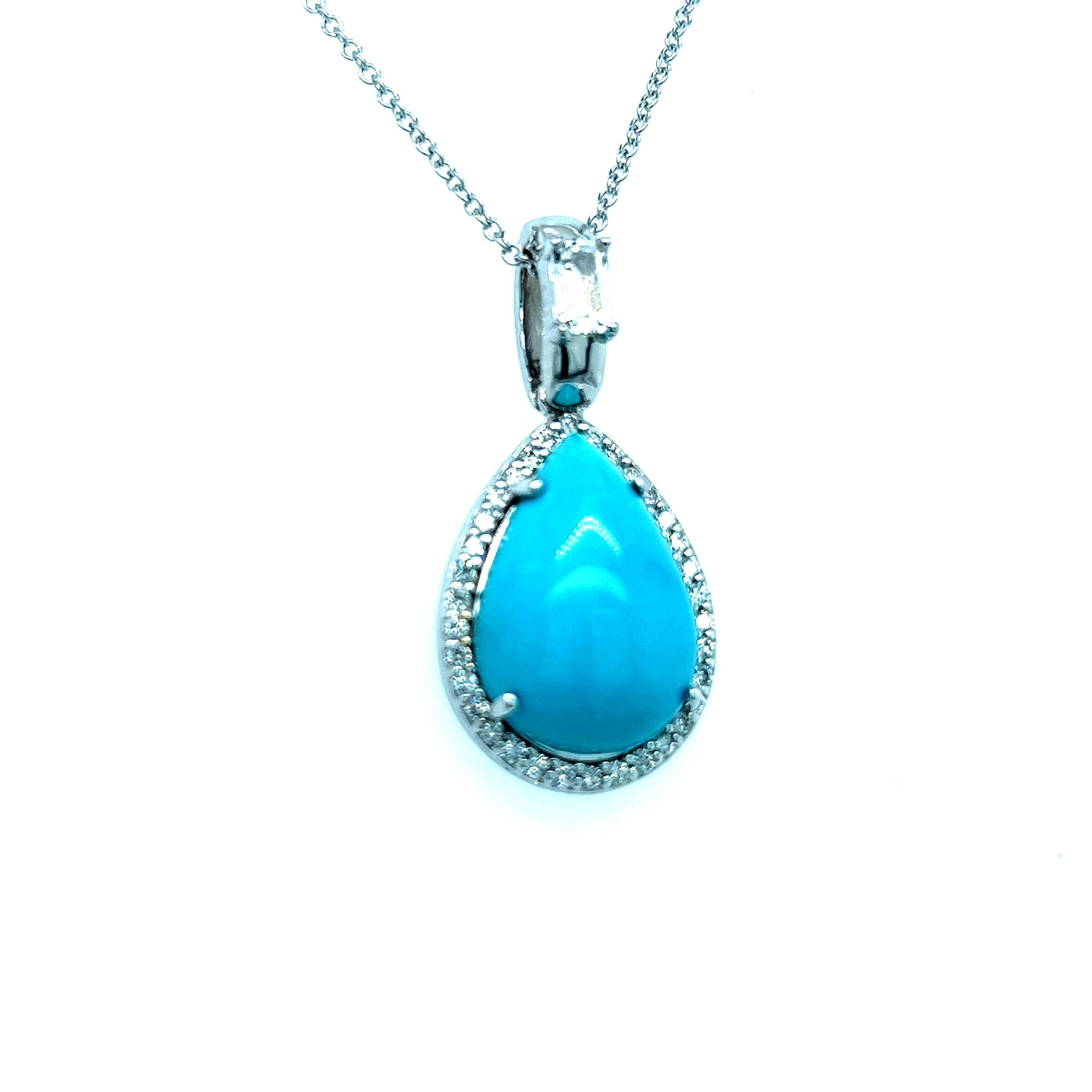 Natural Persian Turquoise Sapphire Diamond Pendant Necklace 14k WG Certified For Sale 3