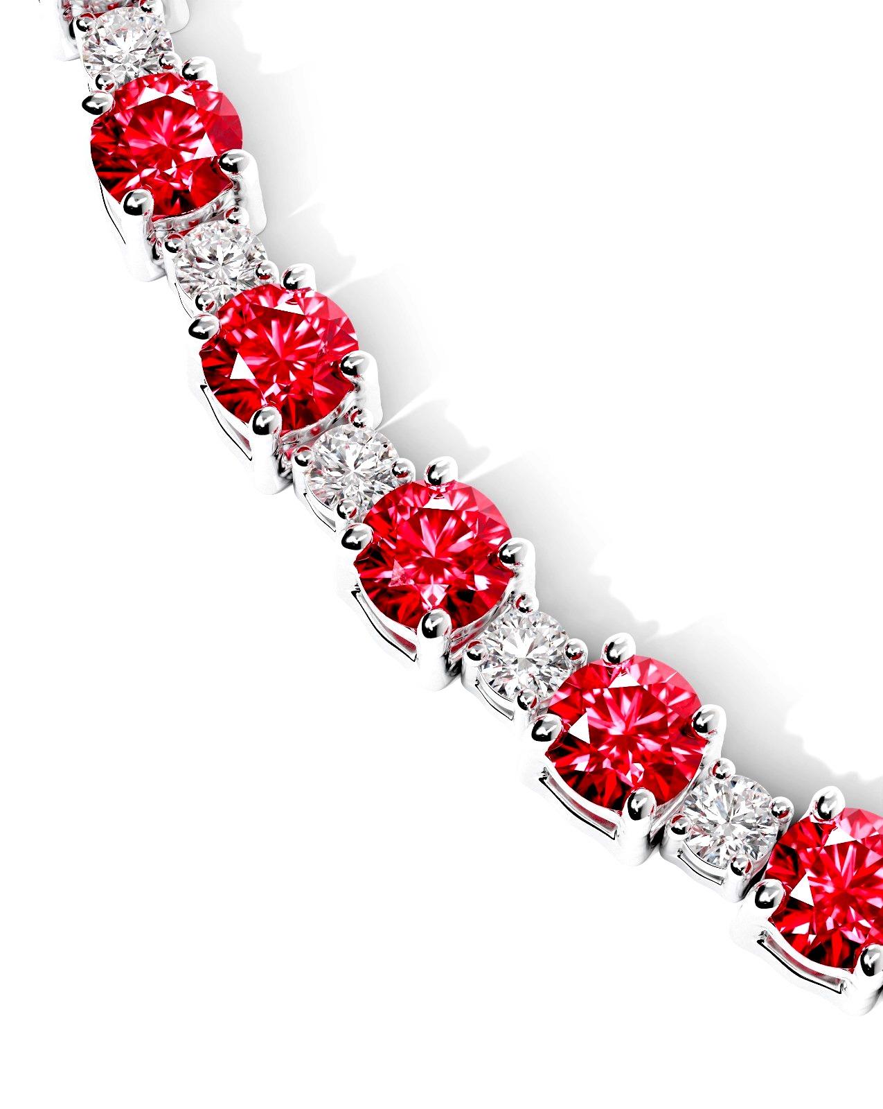 Elegance and allure intertwine in our Ruby and Diamond Necklace, a stunning creation that captures the essence of sophistication. Twelve carats of Natural Round Rubies, sourced from Burma, boast a vibrant red hue without any inclusions, radiating