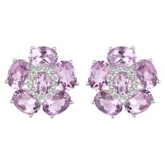 Natural Pink Amethyst and White Topaz Floral Earrings 7.7 Carats Total