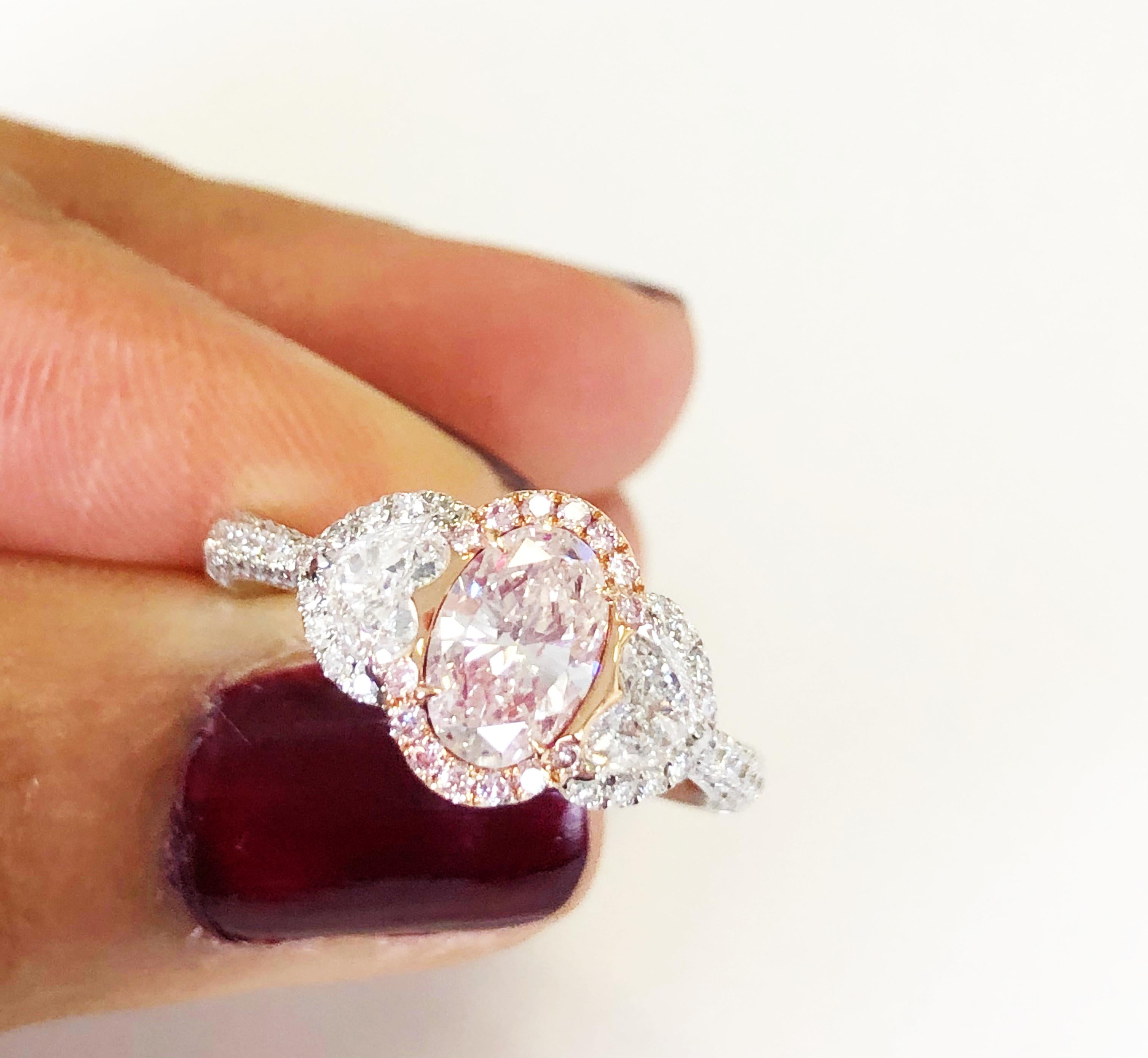 Oval Cut Natural Pink and White Diamond Cocktail Ring in 18 Karat White Gold