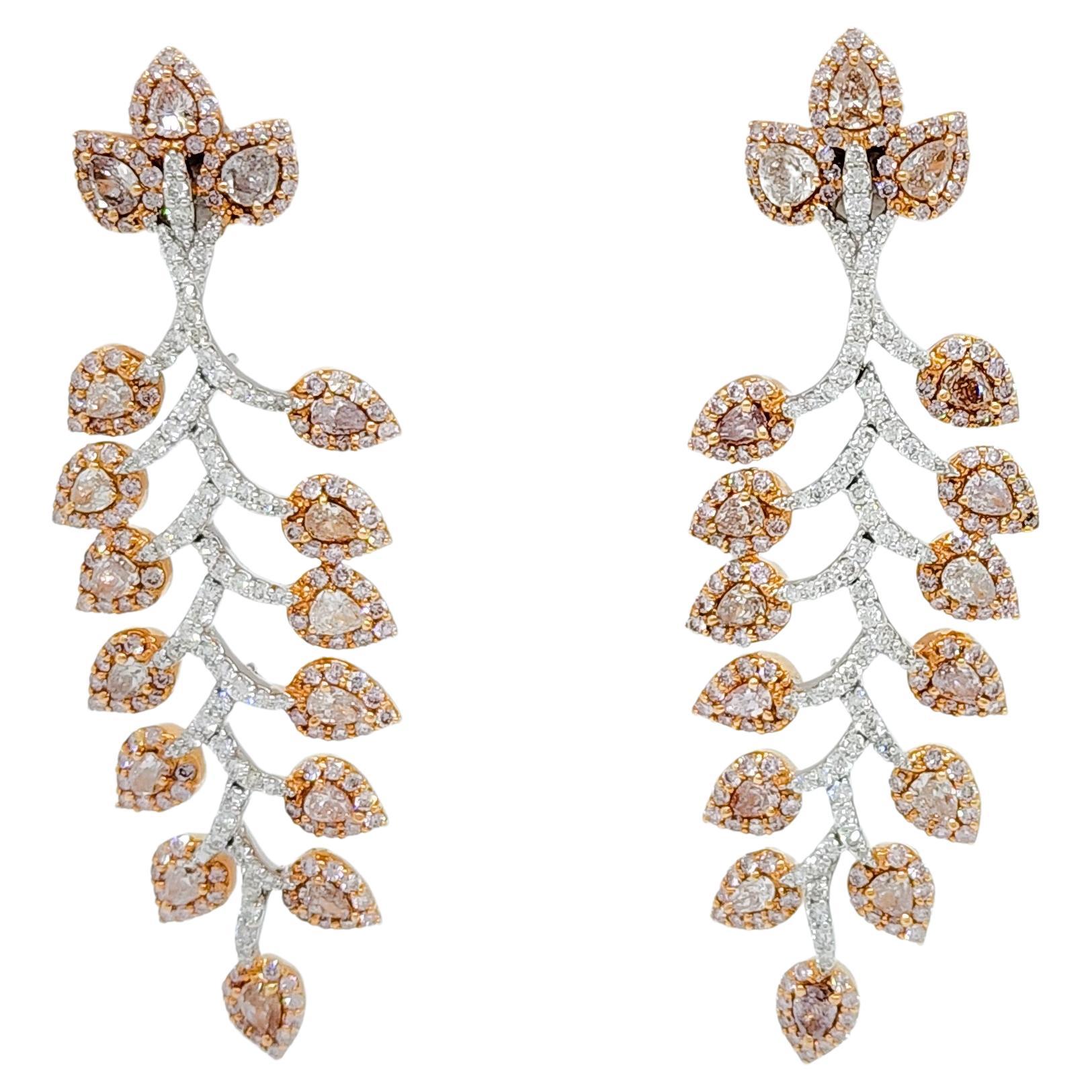 Natural Pink and White Diamond Dangle Earrings in 18k