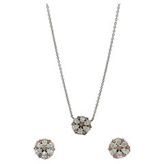 Natural Pink and White Diamond Floral Earrings and Pendant Set