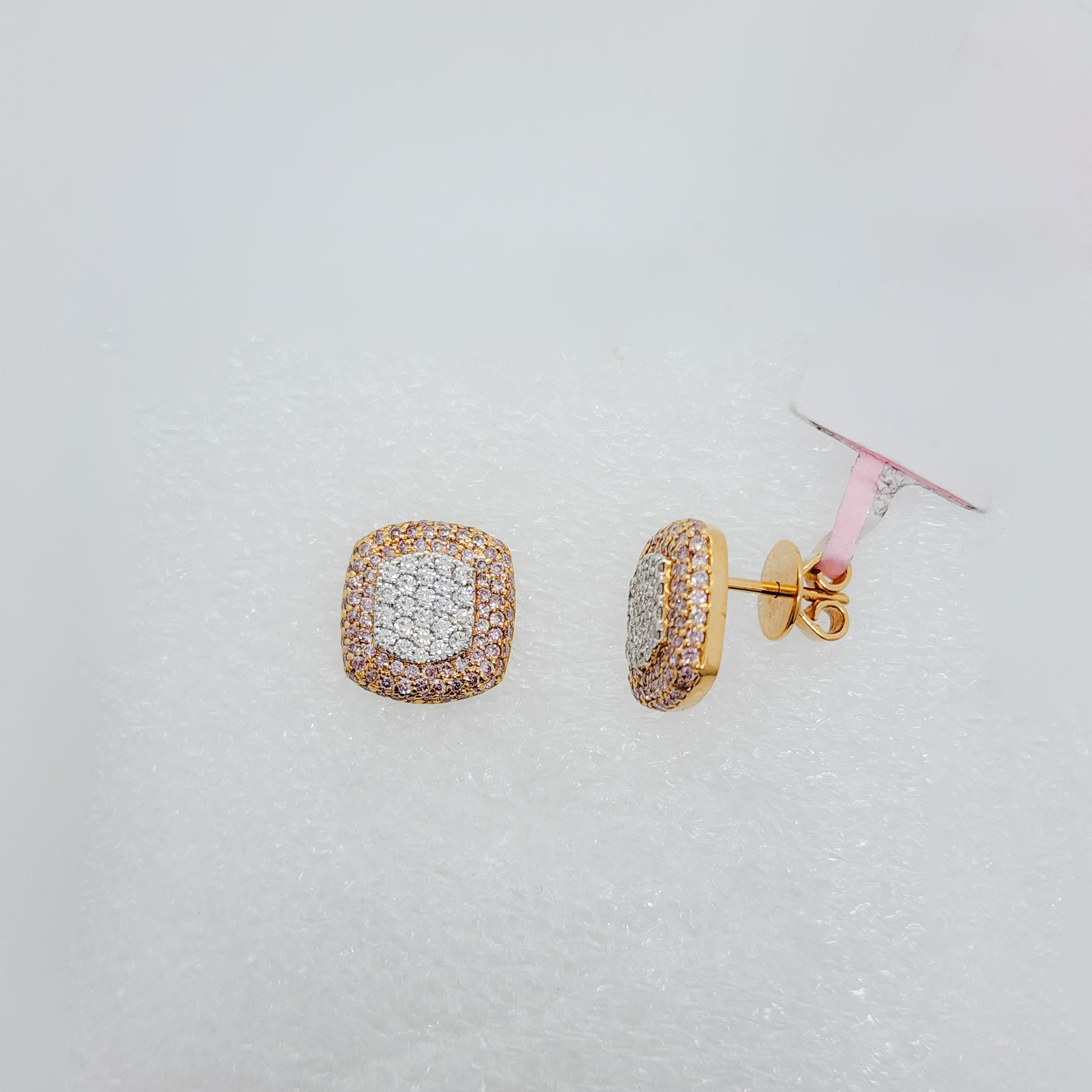Rose Cut Natural Pink and White Diamond Pave Earring Studs in 18k Rose Gold For Sale