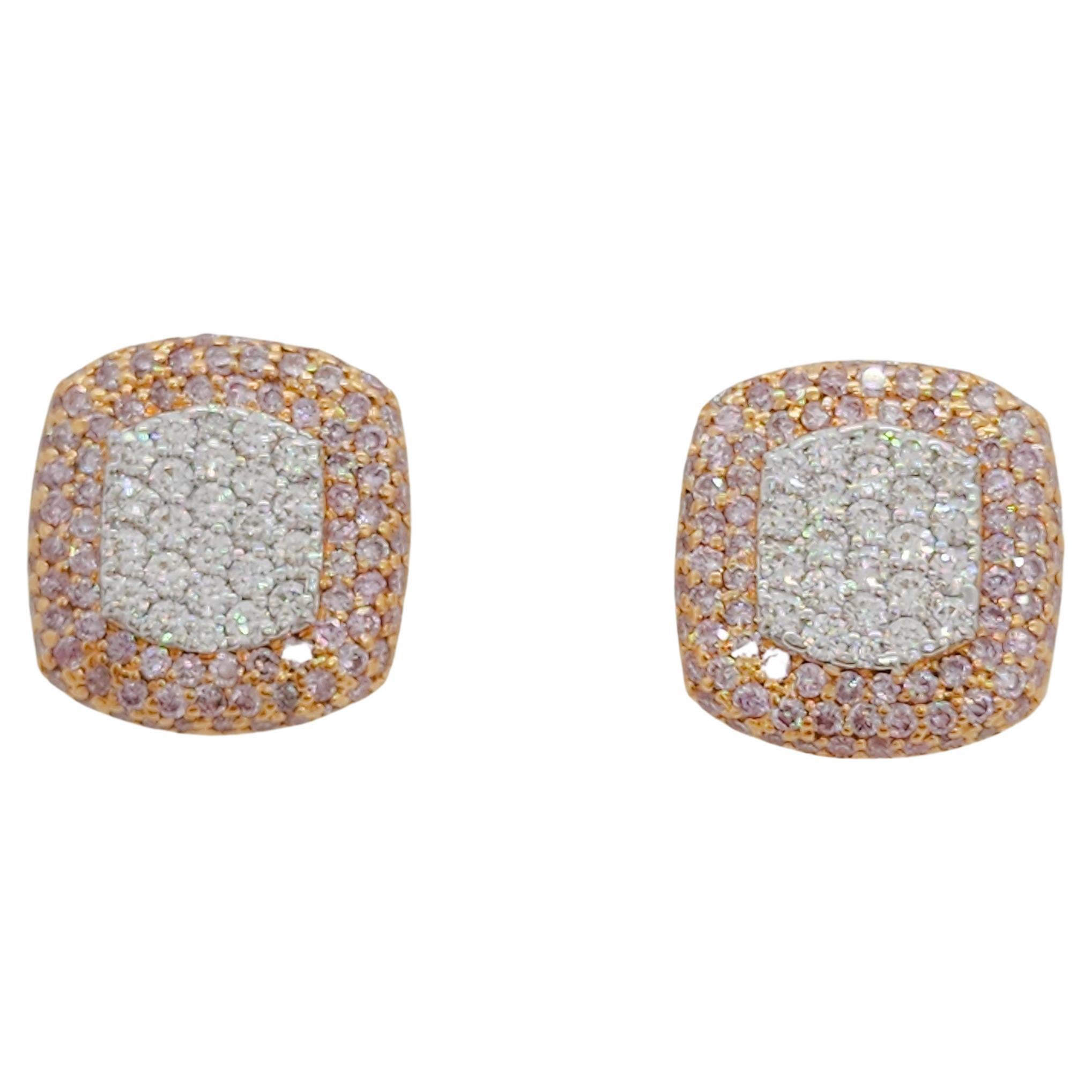 Natural Pink and White Diamond Pave Earring Studs in 18k Rose Gold For Sale