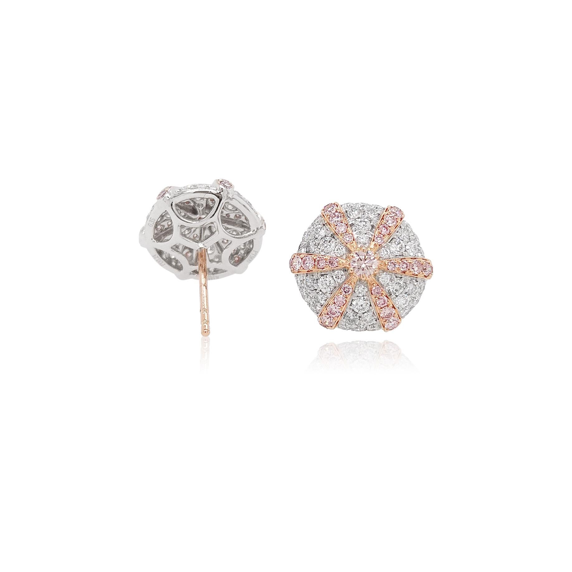 Taille ronde Clous d'oreilles Argyle en platine et or rose 18 carats avec diamants roses naturels en vente