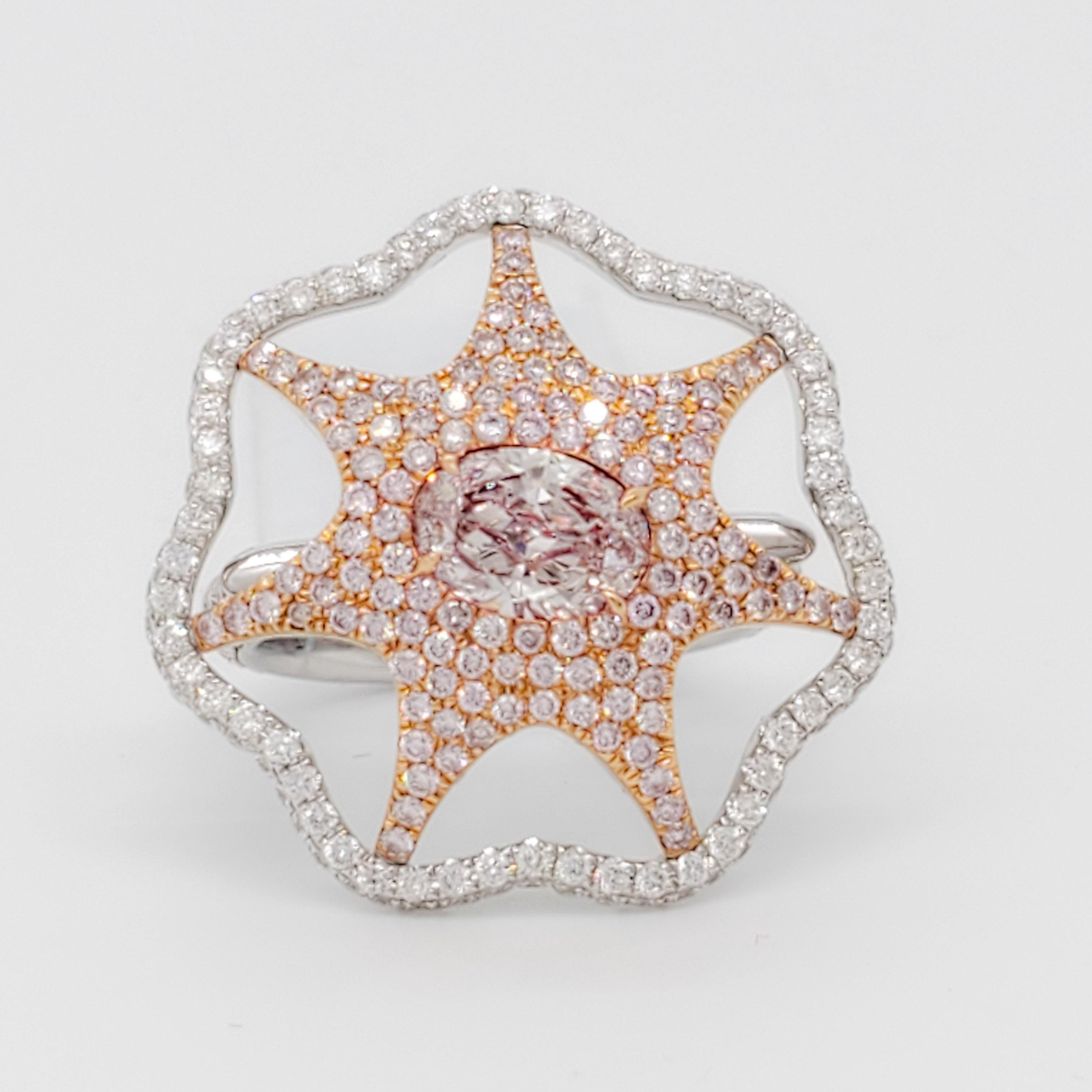 Women's or Men's Natural Pink and White Diamond Starfish Design Cocktail Ring in 18k Gold For Sale