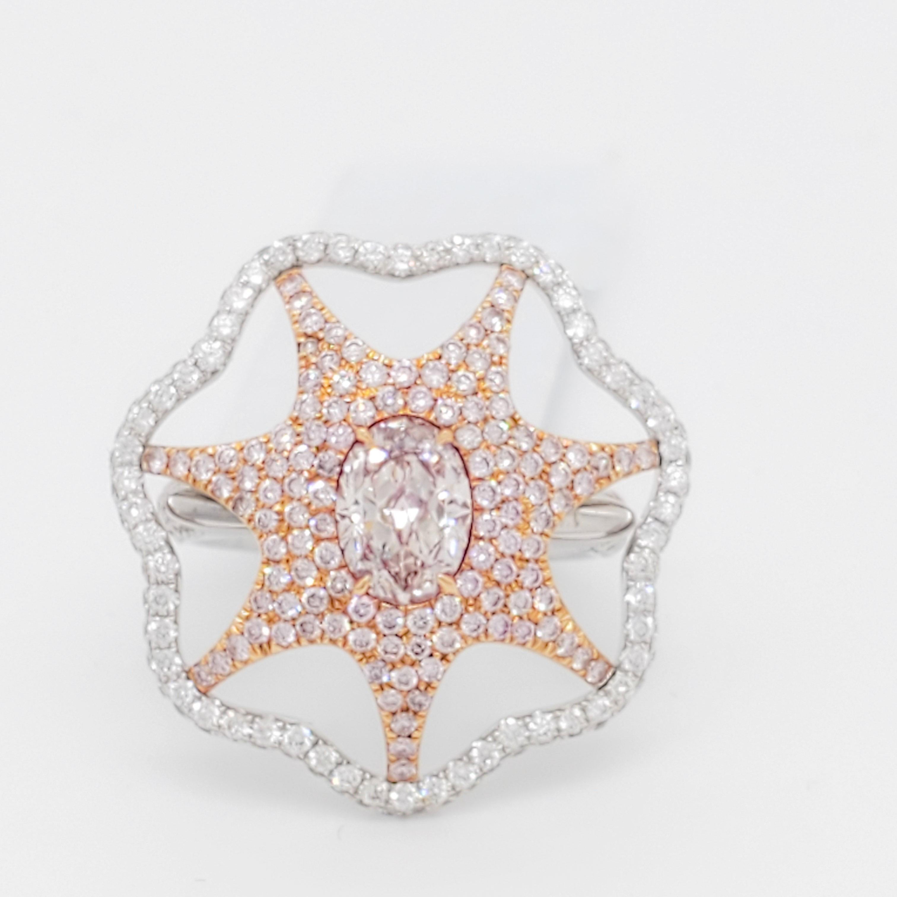 Natural Pink and White Diamond Starfish Design Cocktail Ring in 18k Gold For Sale 1