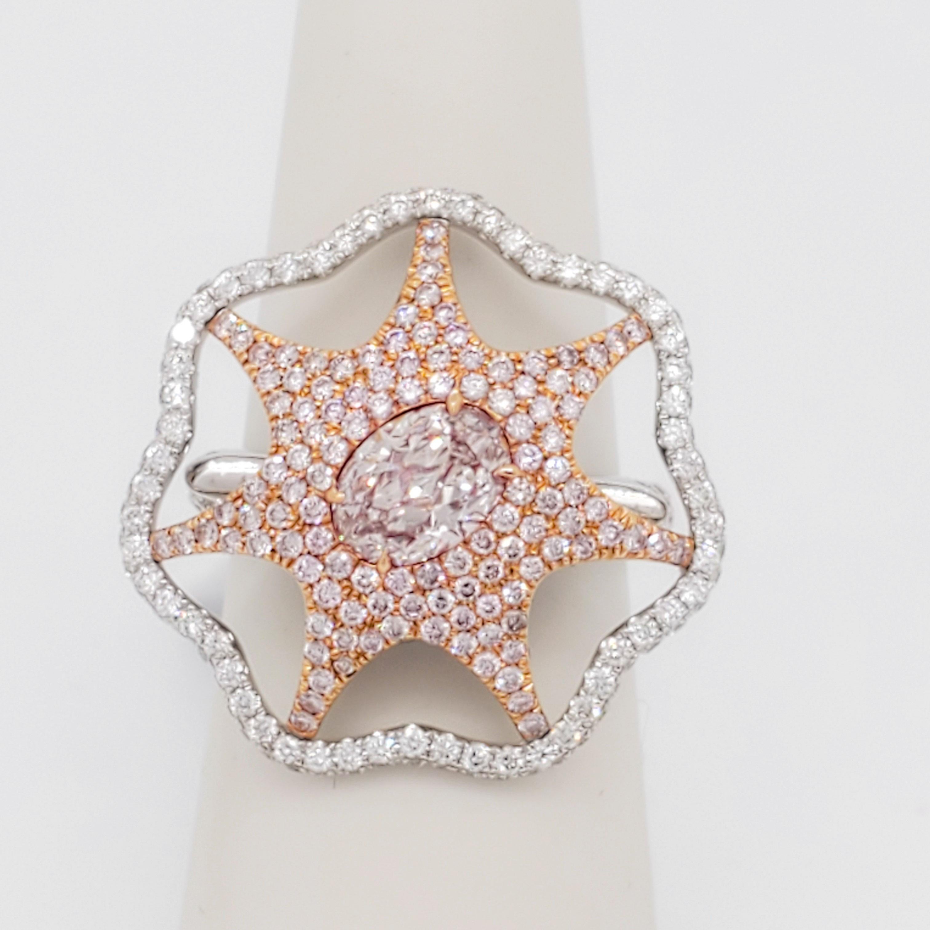 Natural Pink and White Diamond Starfish Design Cocktail Ring in 18k Gold For Sale 3