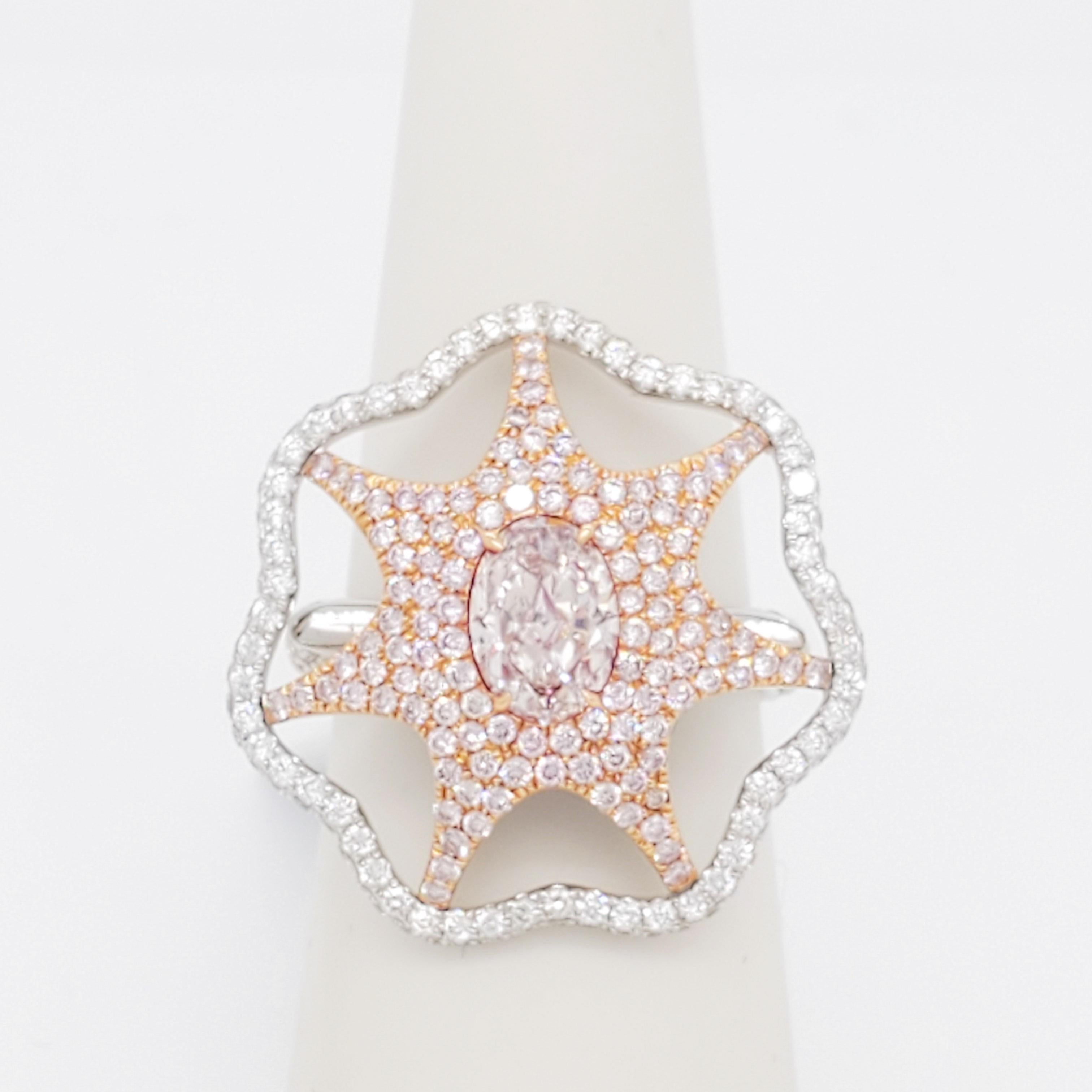 Natural Pink and White Diamond Starfish Design Cocktail Ring in 18k Gold For Sale 4