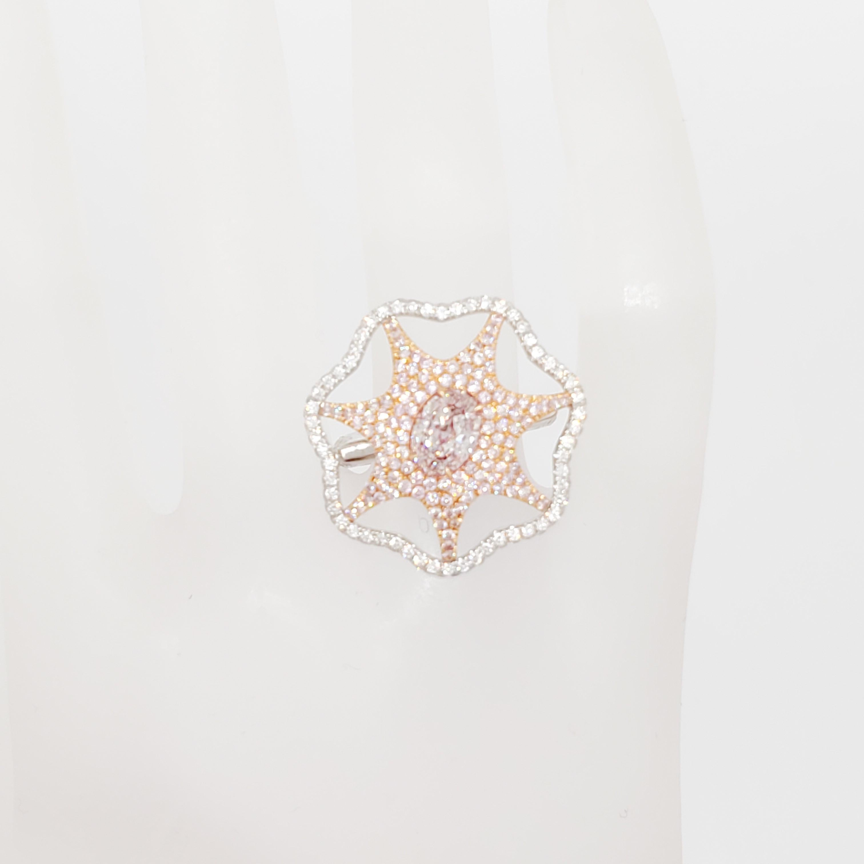 Oval Cut Natural Pink and White Diamond Starfish Design Cocktail Ring in 18k Gold For Sale