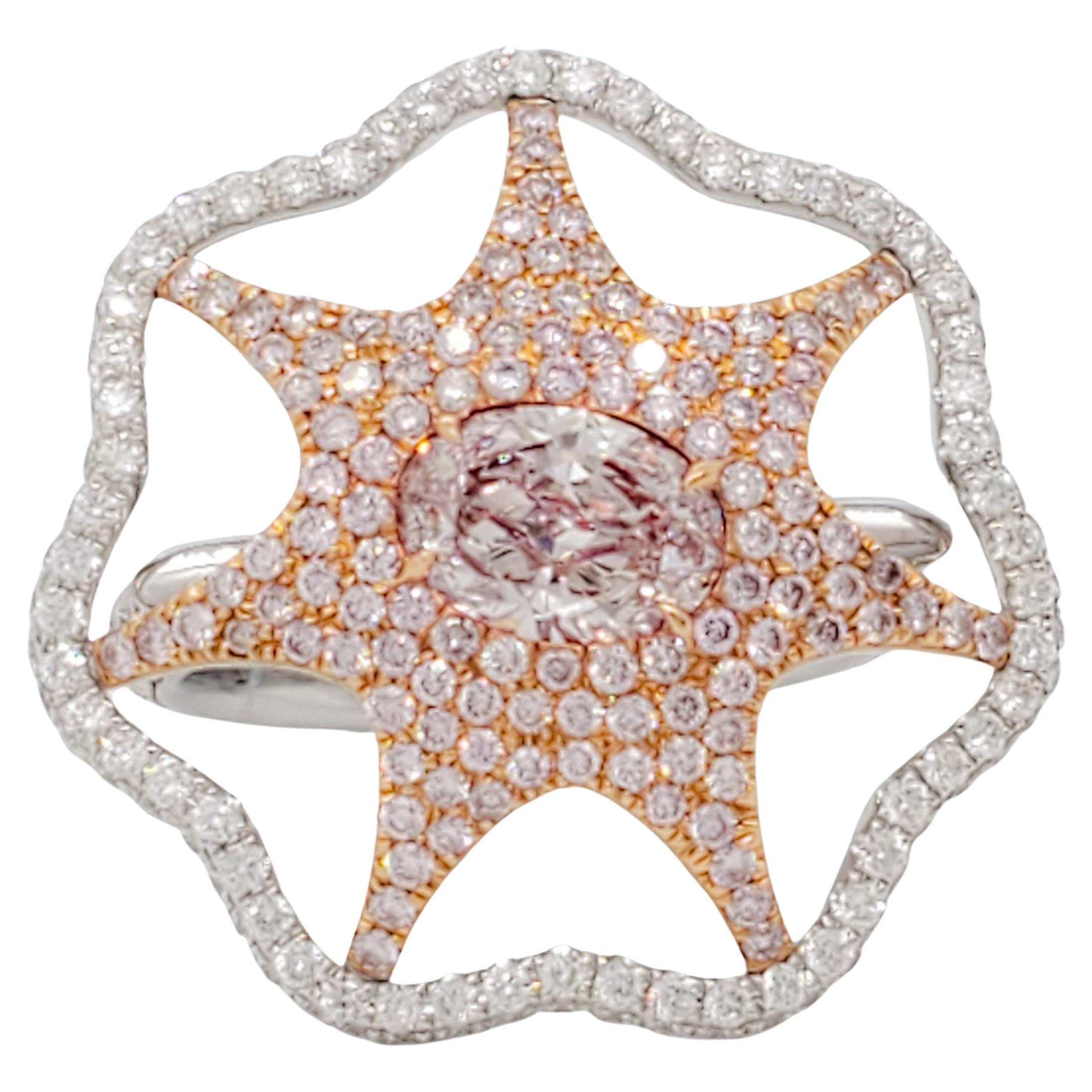 Natural Pink and White Diamond Starfish Design Cocktail Ring in 18k Gold For Sale