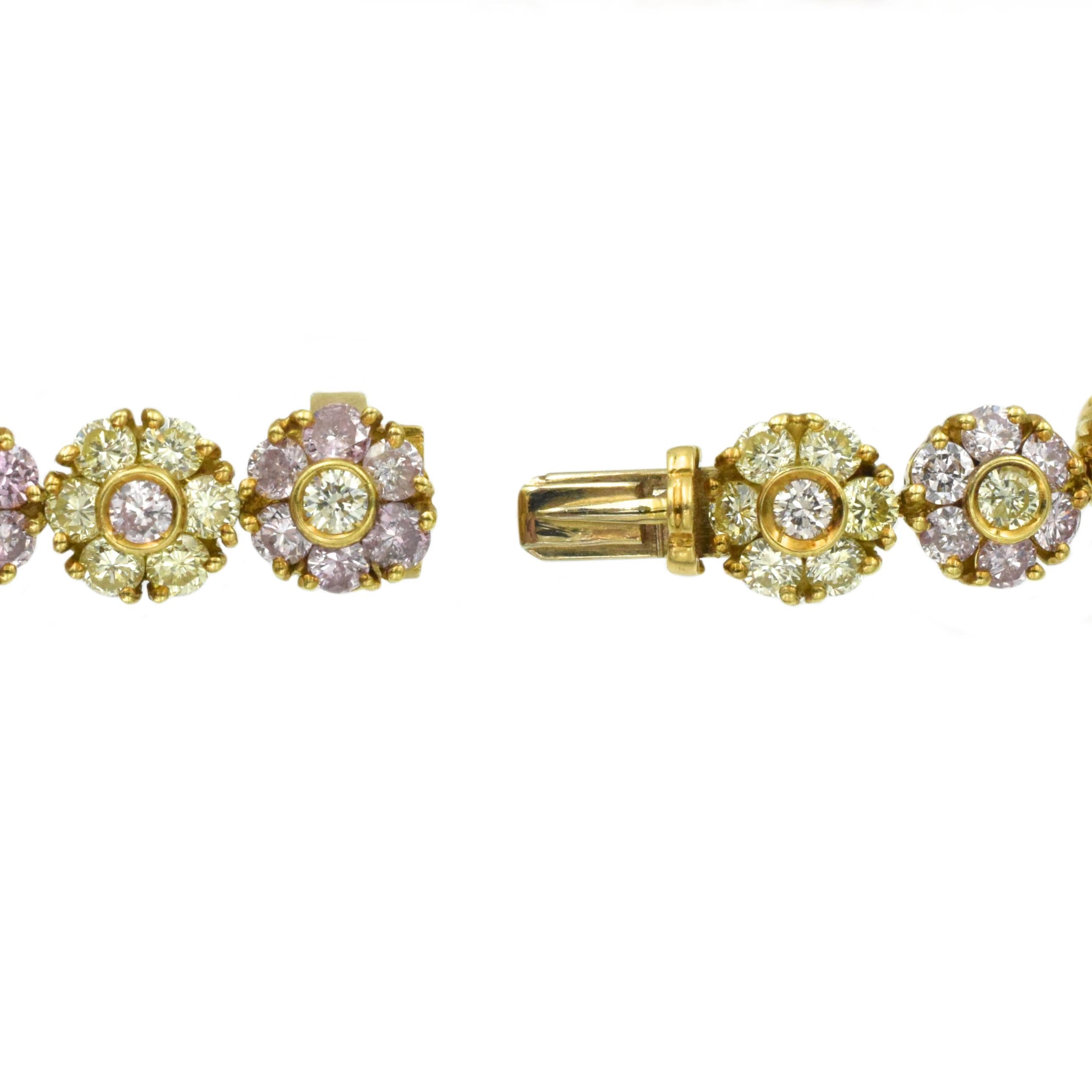Round Cut Natural Pink and Yellow Colored Diamond Floret Bracelet For Sale