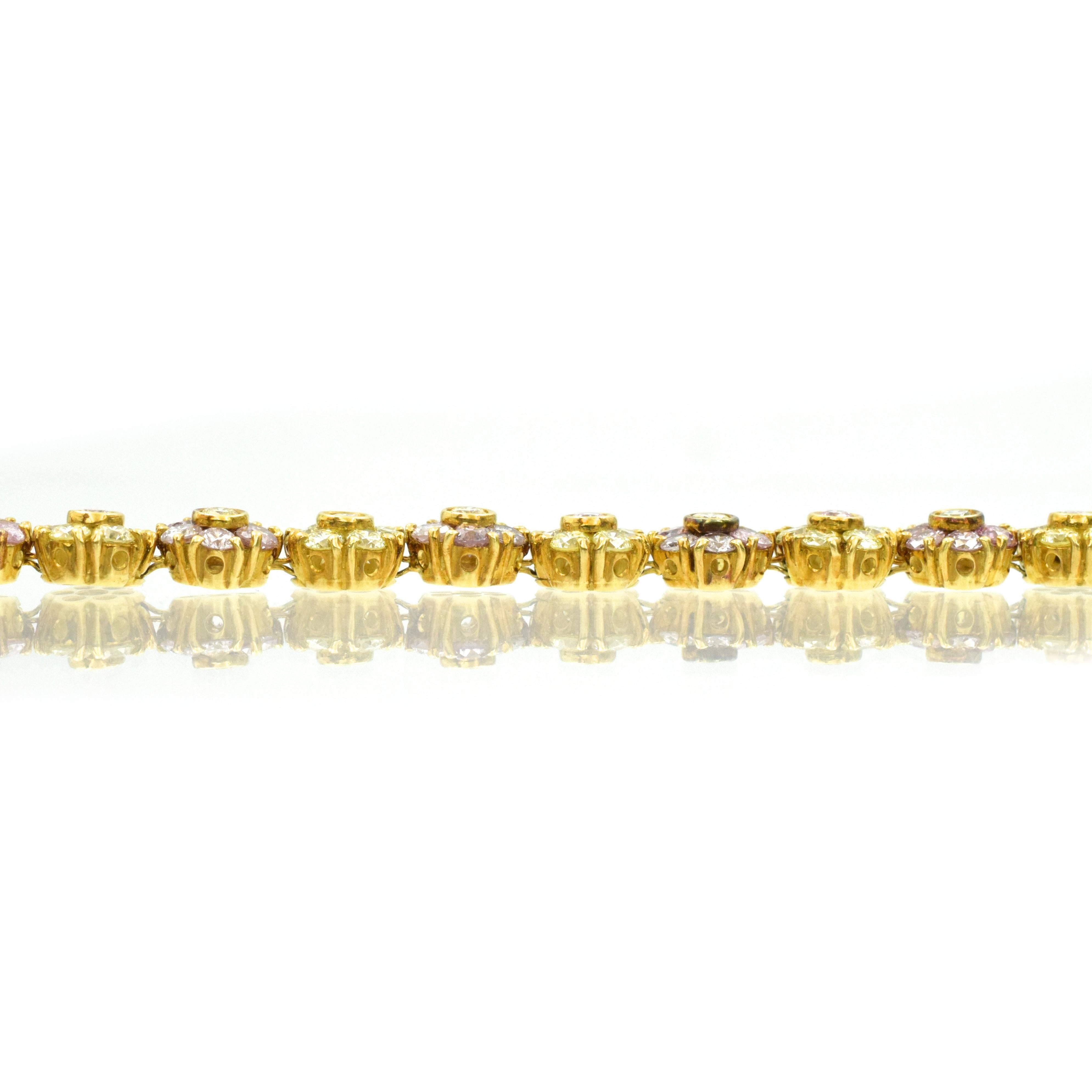 Women's Natural Pink and Yellow Colored Diamond Floret Bracelet For Sale