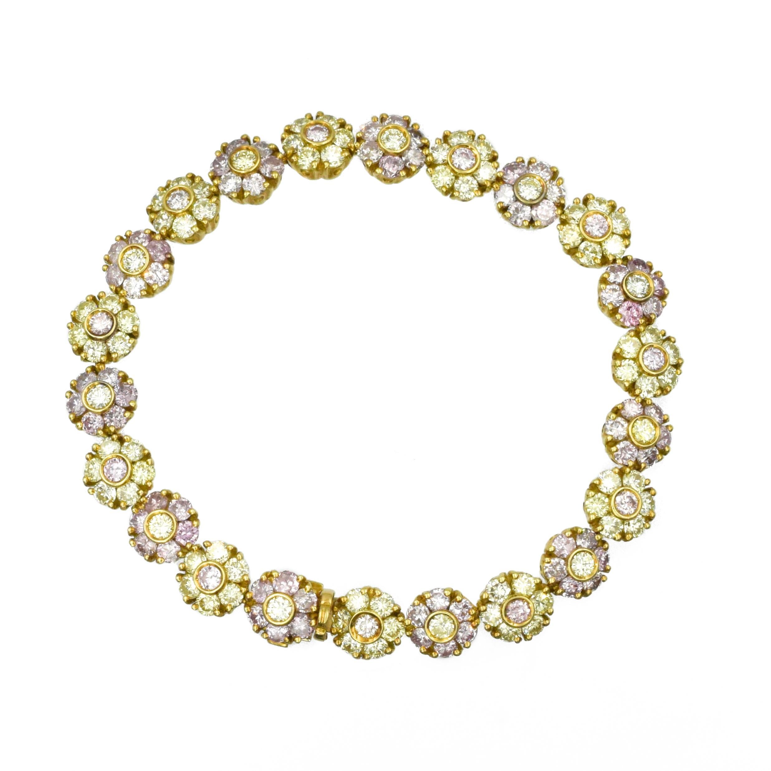 Natural Pink and Yellow Colored Diamond Floret Bracelet For Sale 1