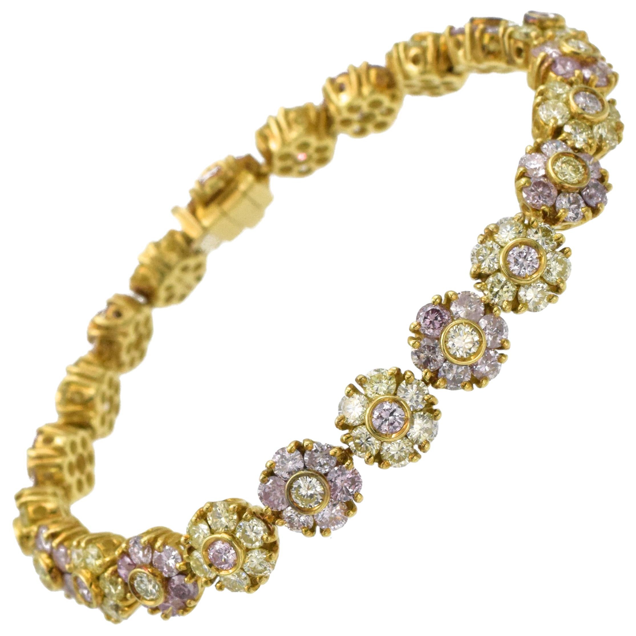 Natural Pink and Yellow Colored Diamond Floret Bracelet For Sale