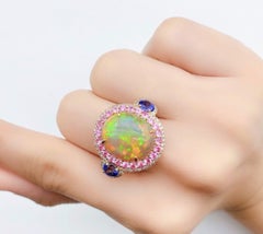 Natural Pink & Blue sapphire, Opal & Diamond Ring in 18k Gold