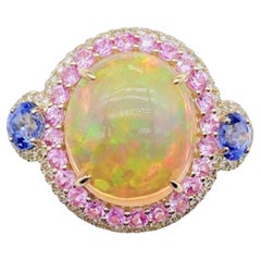 Natural Pink & Blue sapphire, Opal & Diamond Ring in 18k Gold