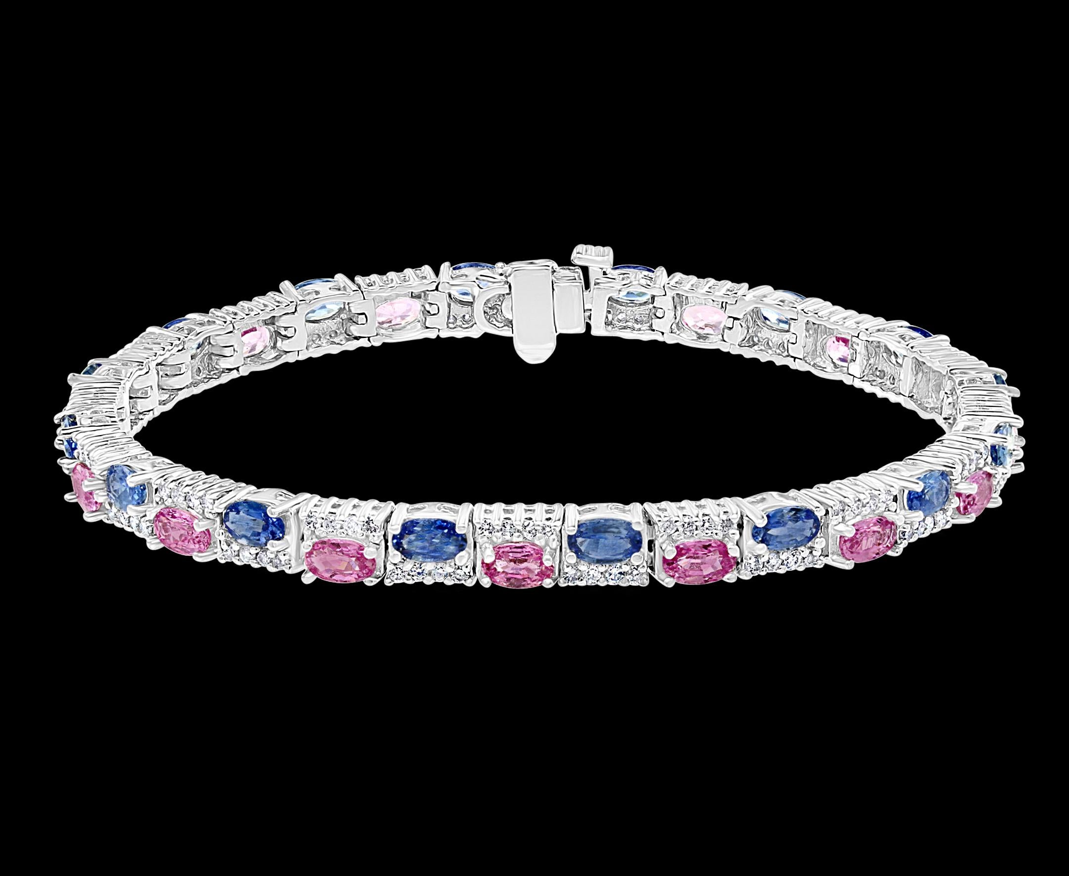  This exceptionally affordable Tennis  bracelet has  16 Pink Sapphires and 16 Blue sapphires.
Total stones of oval Sapphires  32
 Sapphires  colors are Pink, Blue, 
Beautiful colors , very Vibrant
Size of the stone is approximately 5X3 mm
Total