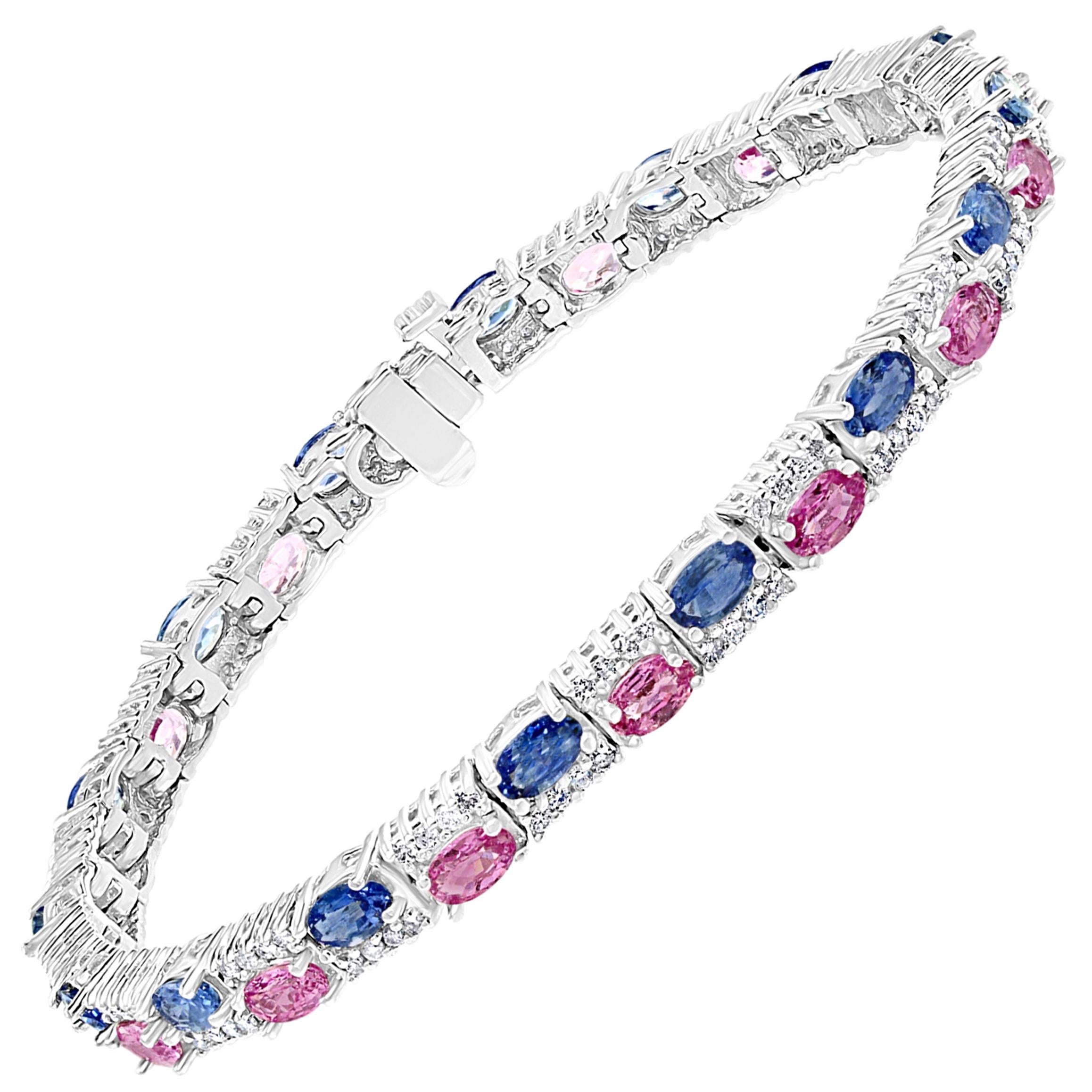 Natural Pink and Blue Sapphires with Diamond Tennis Bracelet 14 Karat White Gold