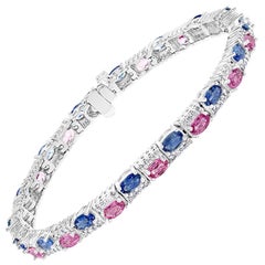 Natural Pink and Blue Sapphires with Diamond Tennis Bracelet 14 Karat White Gold
