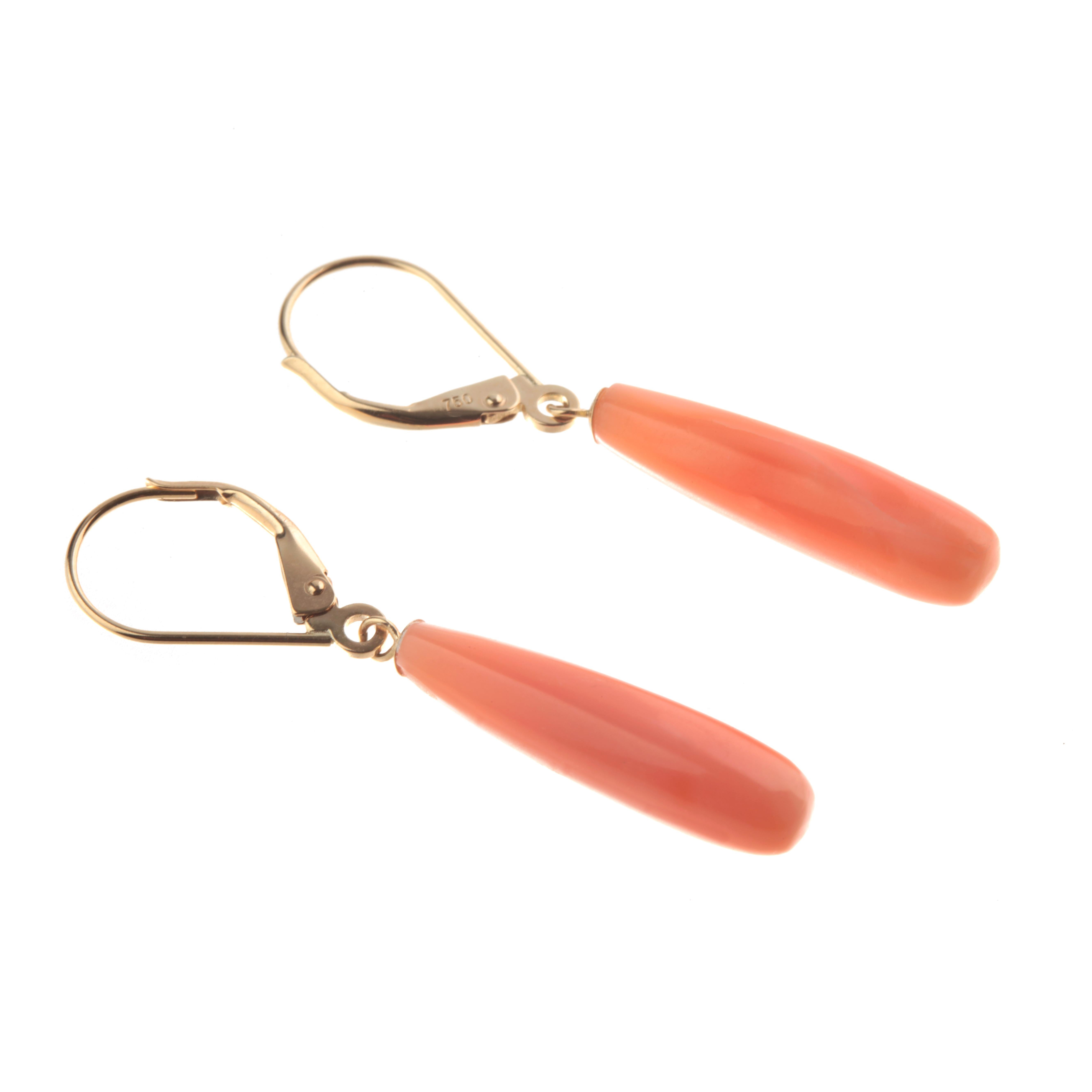 Art Nouveau Natural Pink Coral 18 Karat Gold Carved Drop Cocktail Modern Chic Earrings For Sale