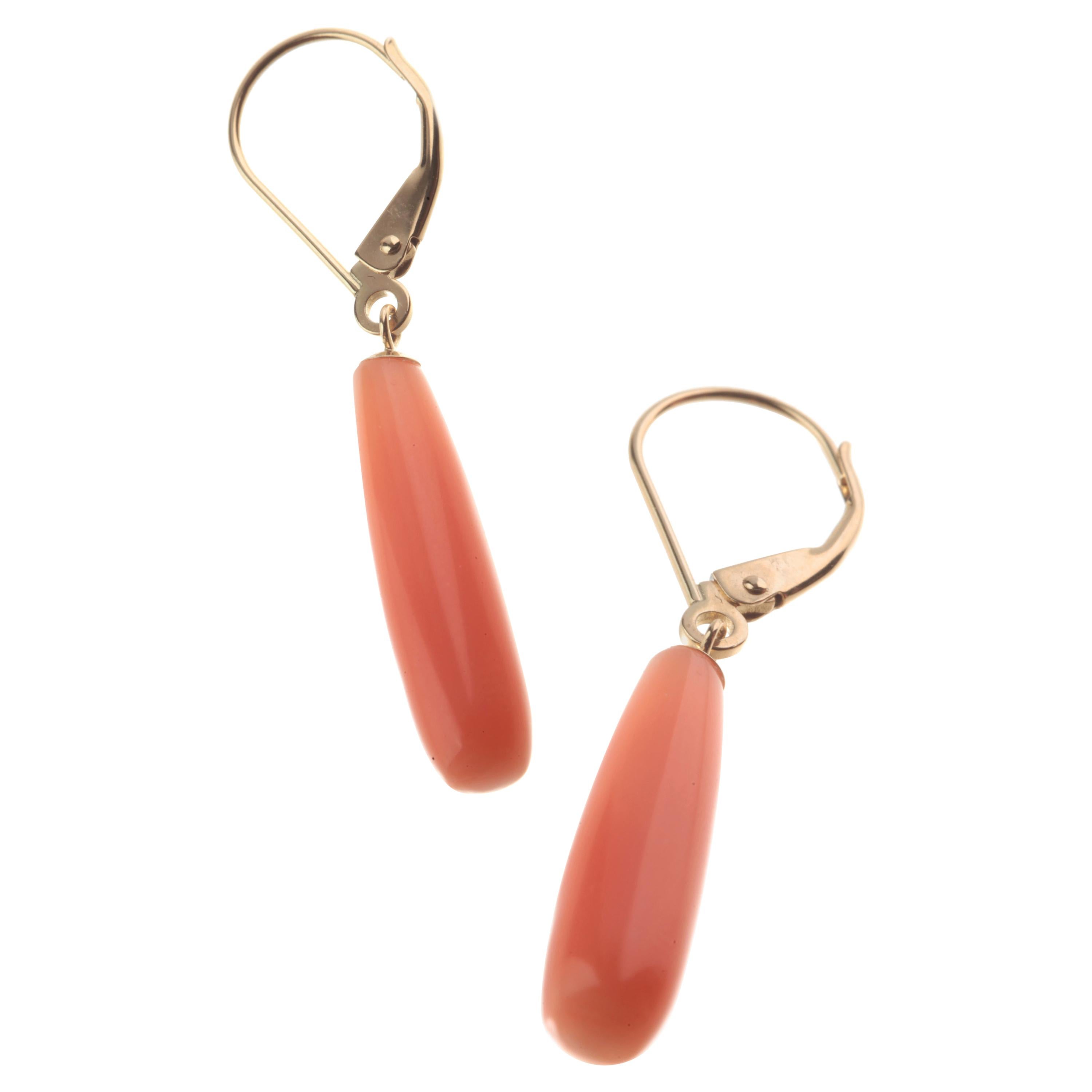 Natural Pink Coral 18 Karat Gold Carved Drop Cocktail Modern Chic Earrings For Sale