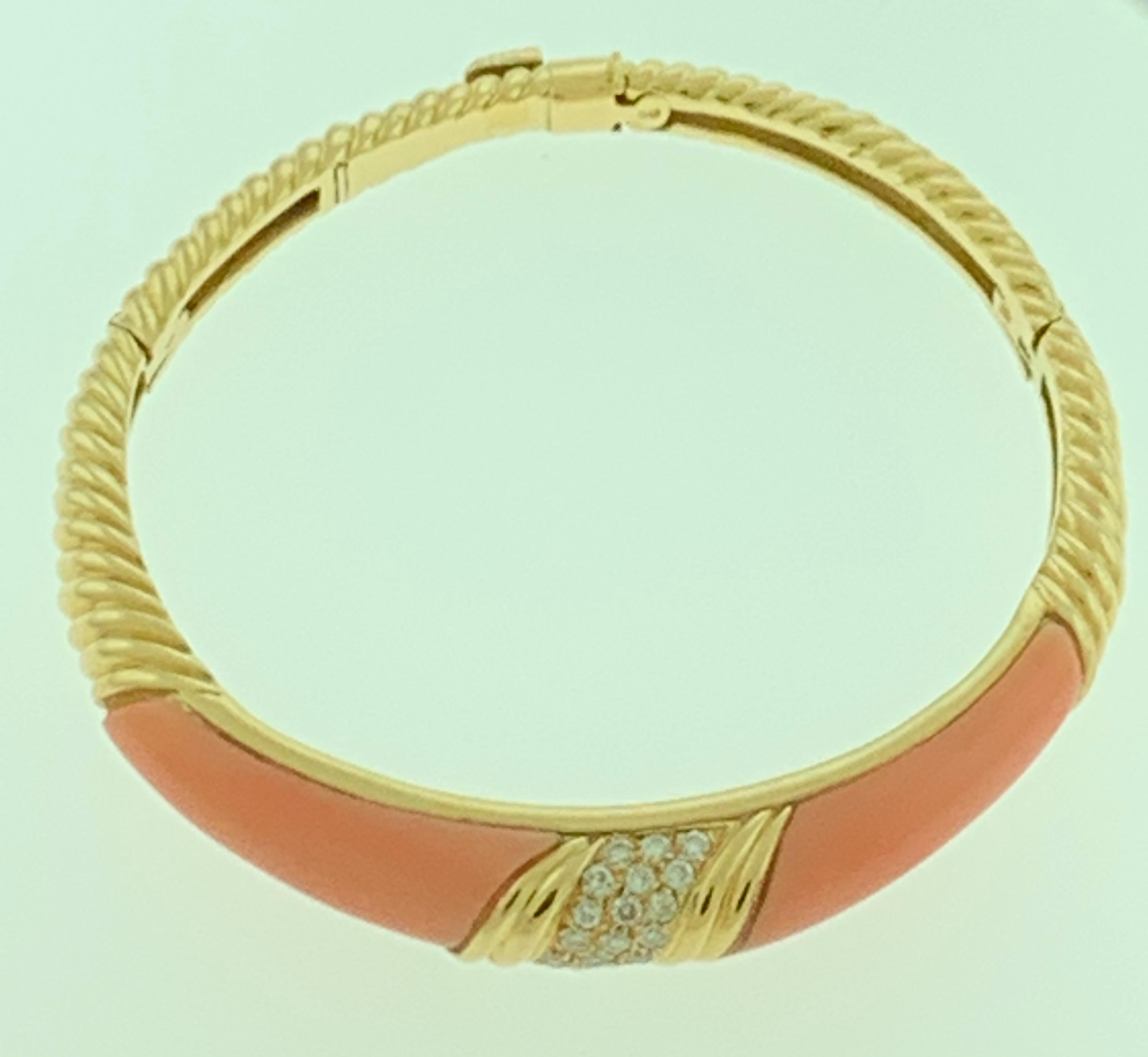 Round Cut Natural Pink Coral and Diamond Cuff Bangle Bracelet in 18 Karat Yellow Gold For Sale