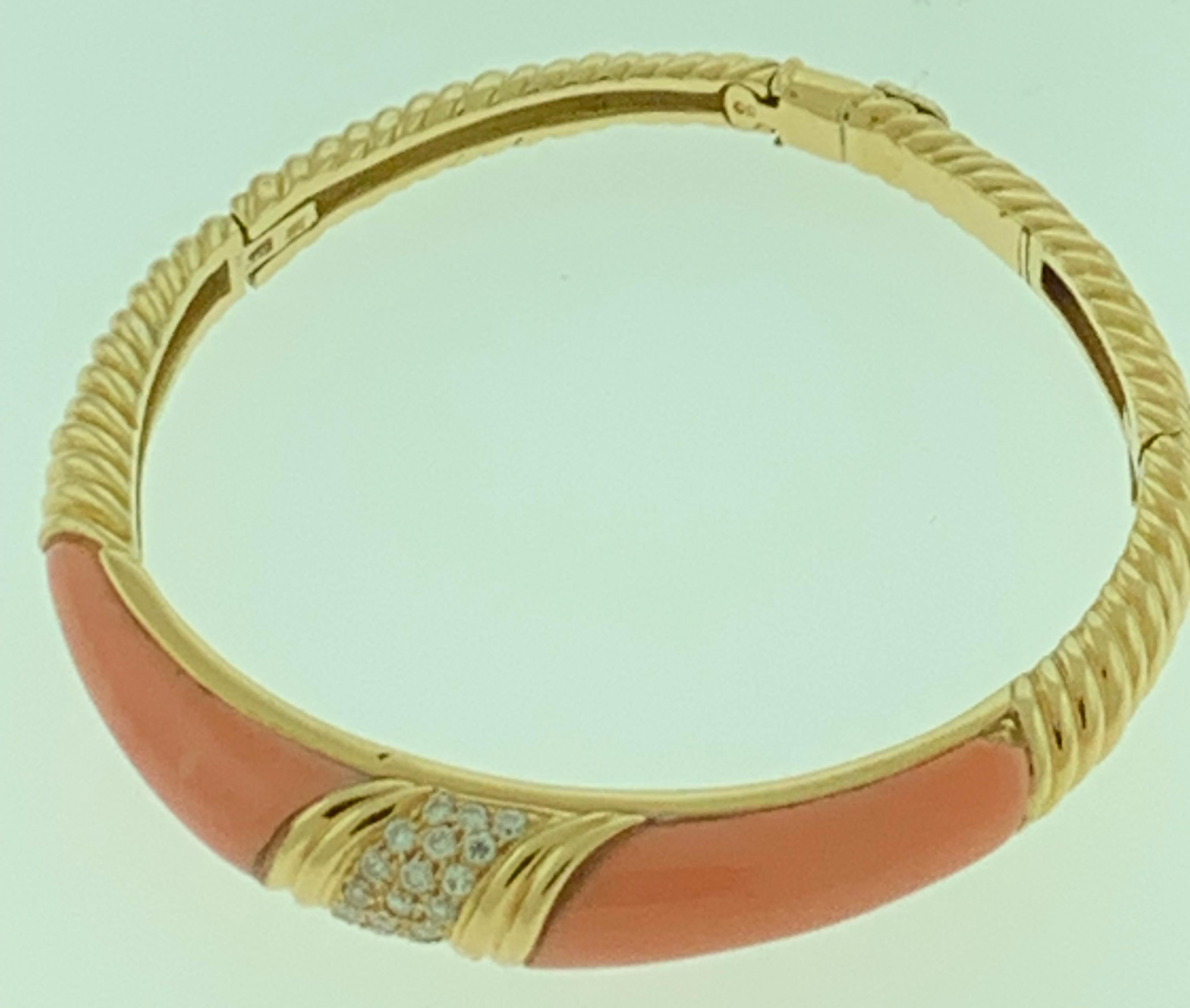 Natural Pink Coral and Diamond Cuff Bangle Bracelet in 18 Karat Yellow Gold In Excellent Condition For Sale In New York, NY