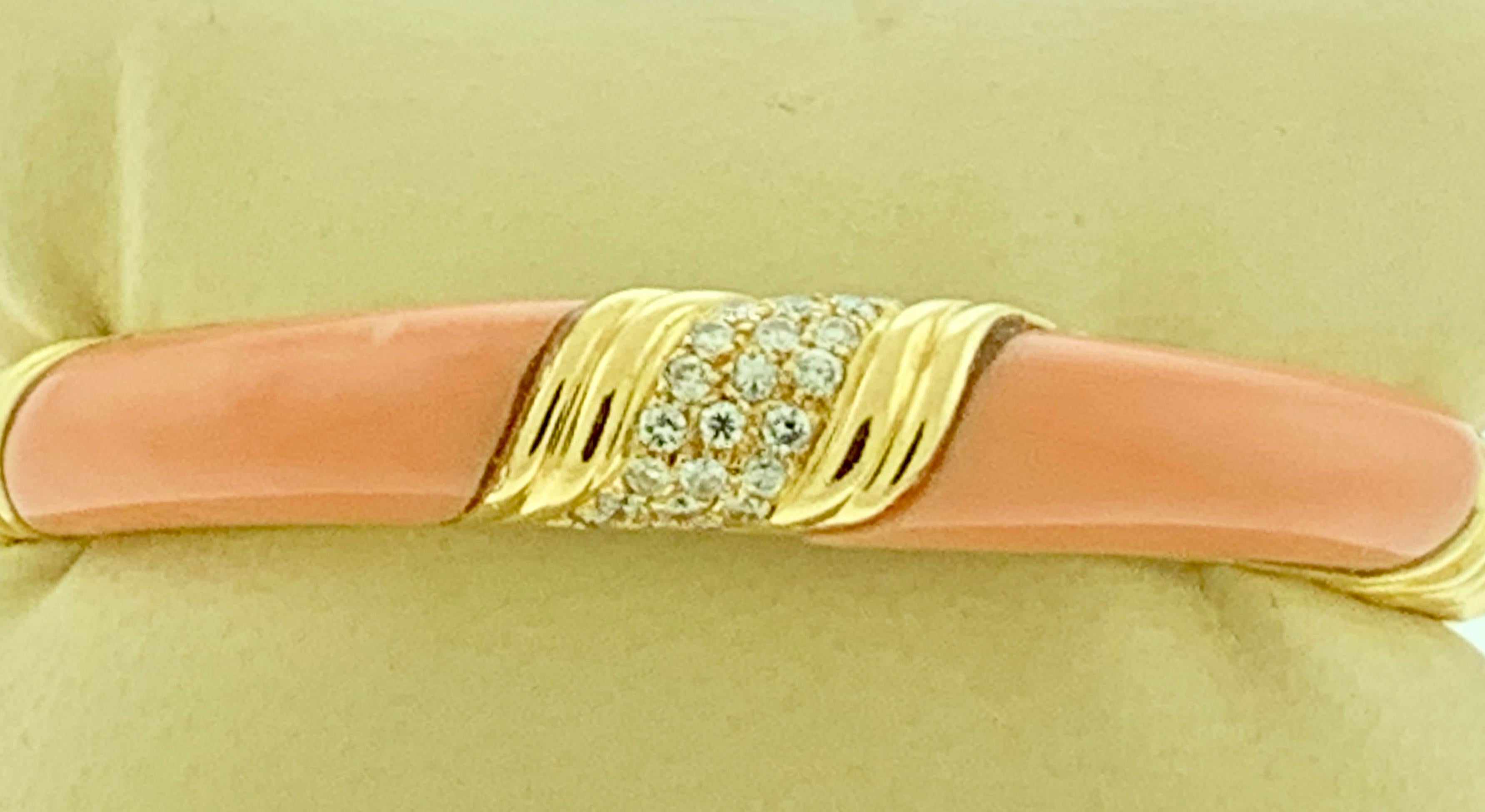 Women's Natural Pink Coral and Diamond Cuff Bangle Bracelet in 18 Karat Yellow Gold For Sale