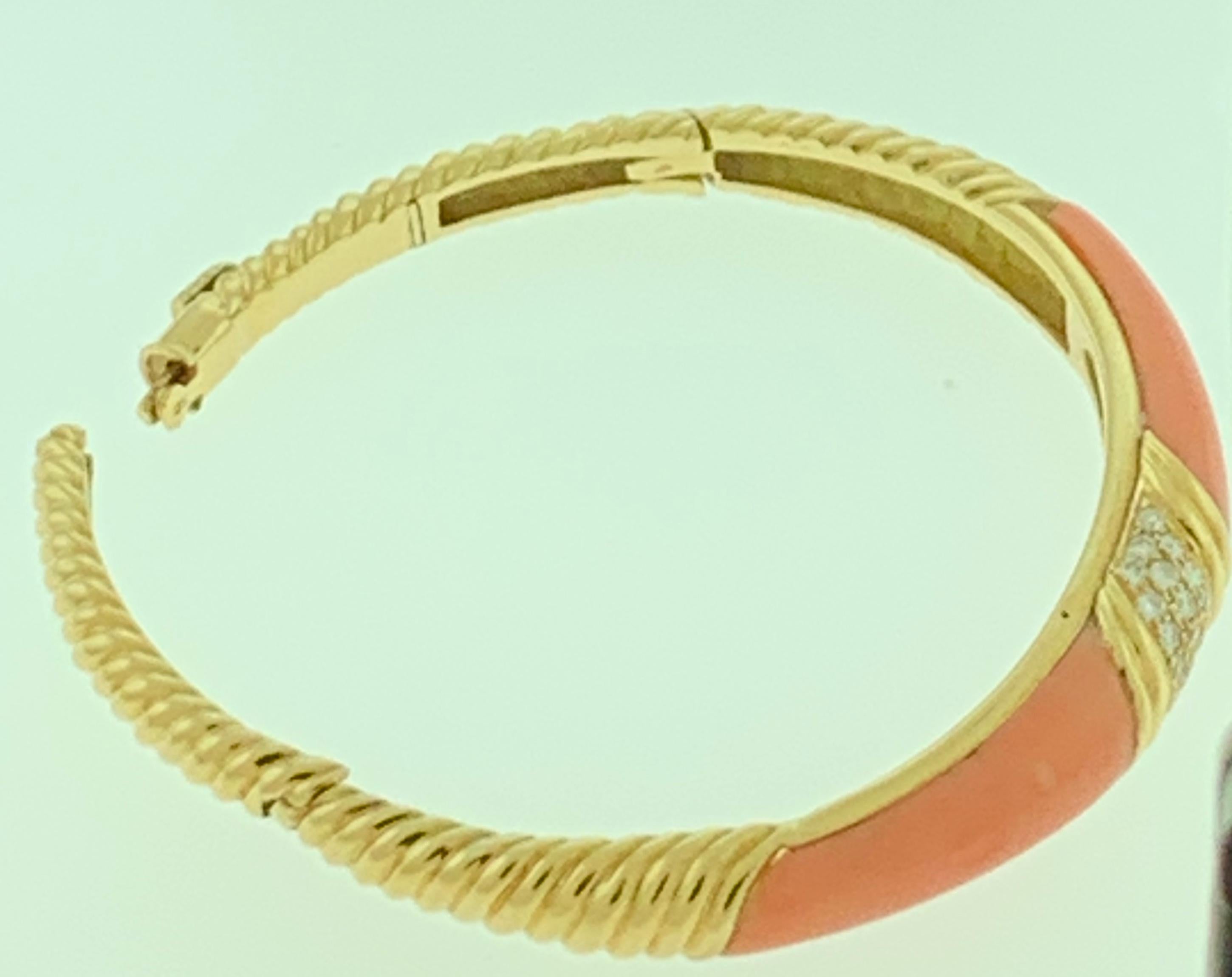 Natural Pink Coral and Diamond Cuff Bangle Bracelet in 18 Karat Yellow Gold For Sale 1