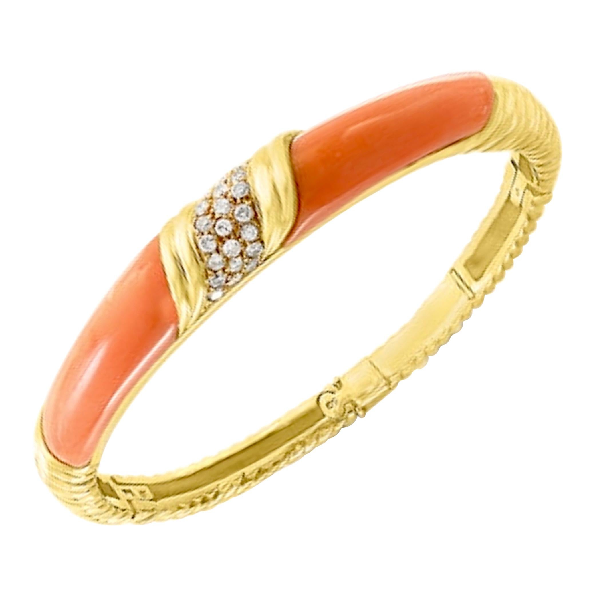 Natural Pink Coral and Diamond Cuff Bangle Bracelet in 18 Karat Yellow Gold For Sale