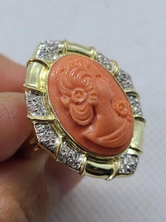 Natürliche rosa Koralle und Diamant Ring in 14K Gelbgold