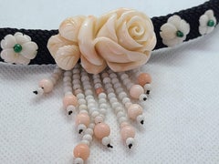 Natural Pink Coral Carved Rose Flower Handmade Necklace with Beaded Tassel