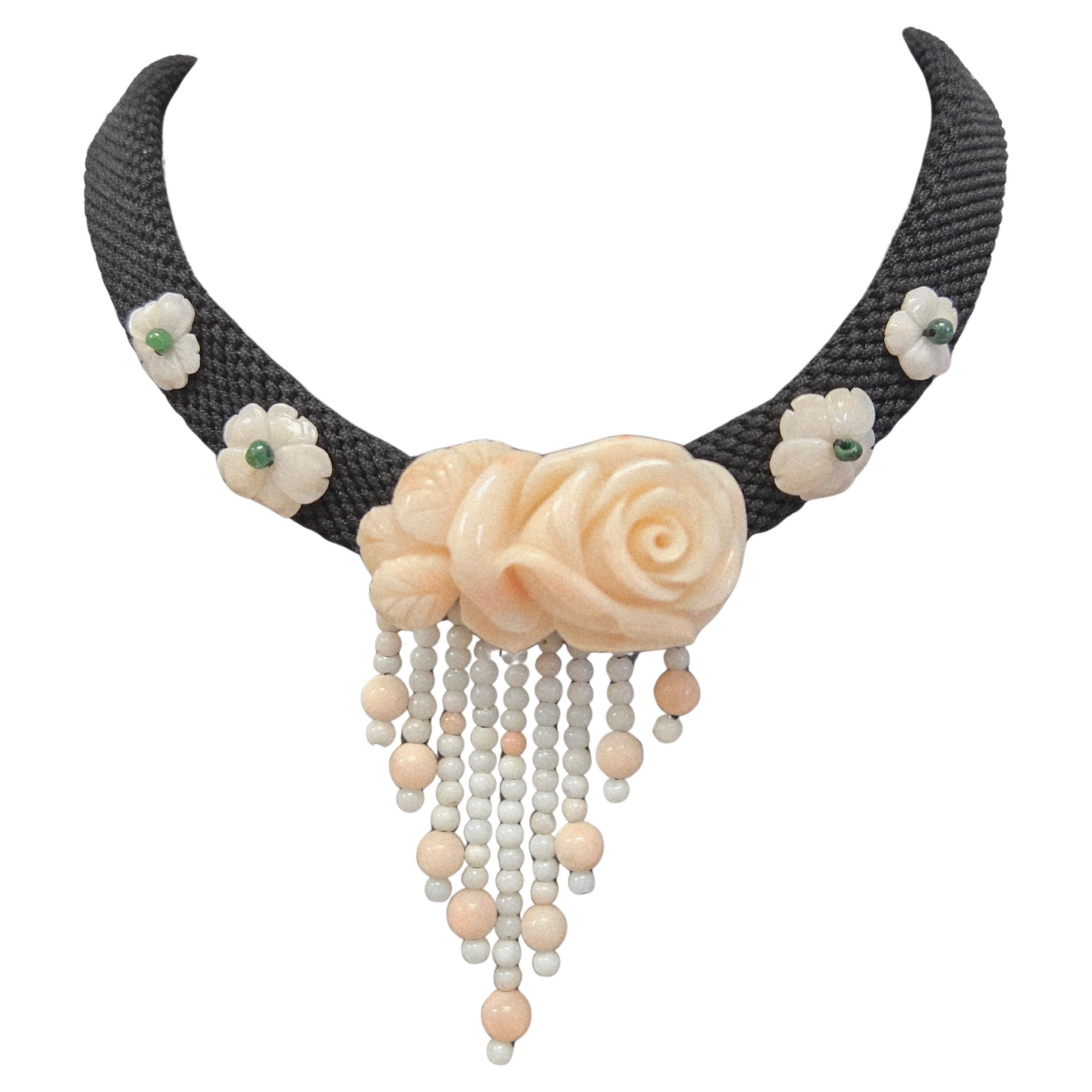 Natural Pink Coral Carved Rose Flower Handmade Necklace with Beaded Tassel im Angebot
