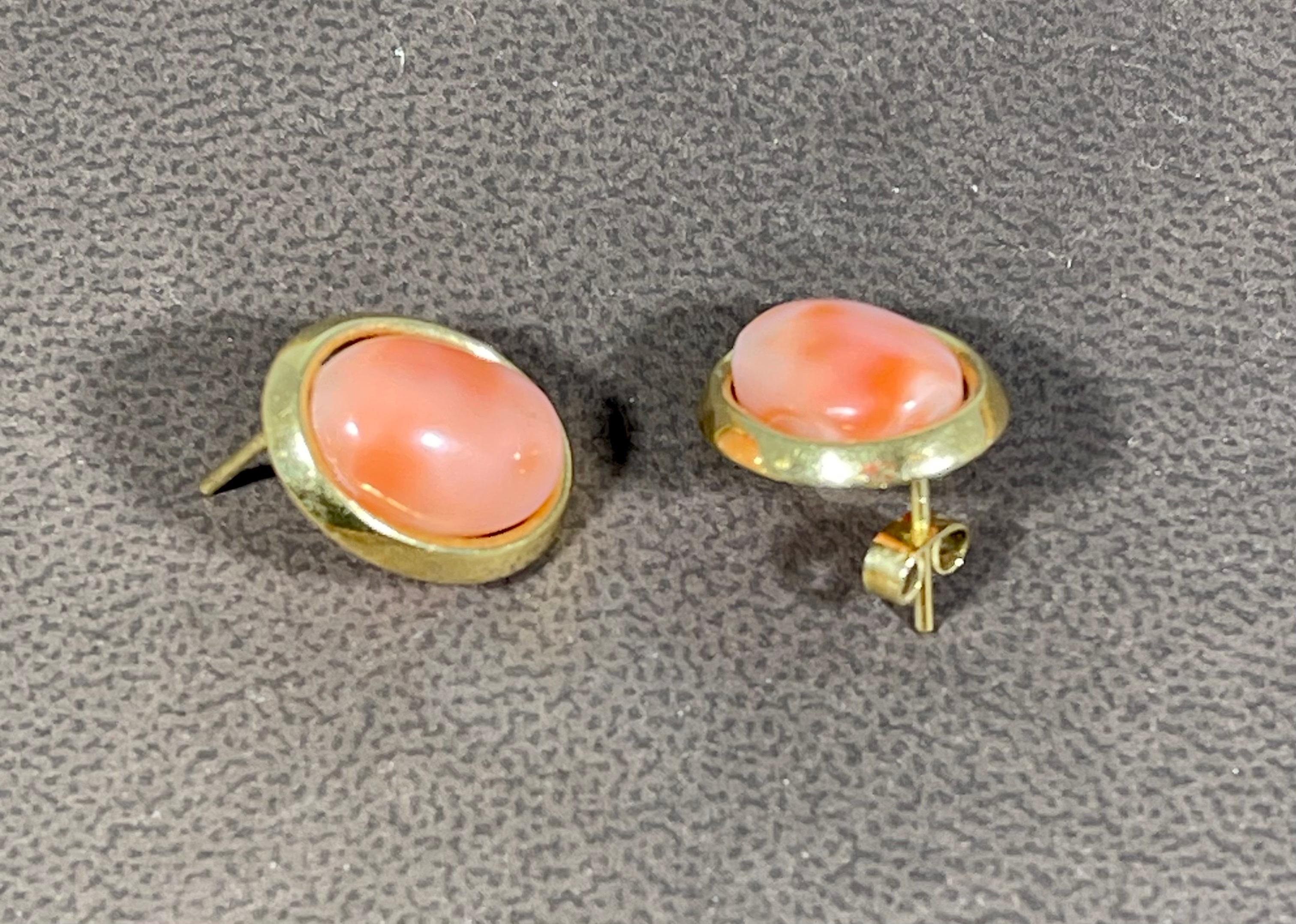 Cabochon Natural Pink Coral Simple Stud Earring in 14 Karat Yellow Gold For Sale