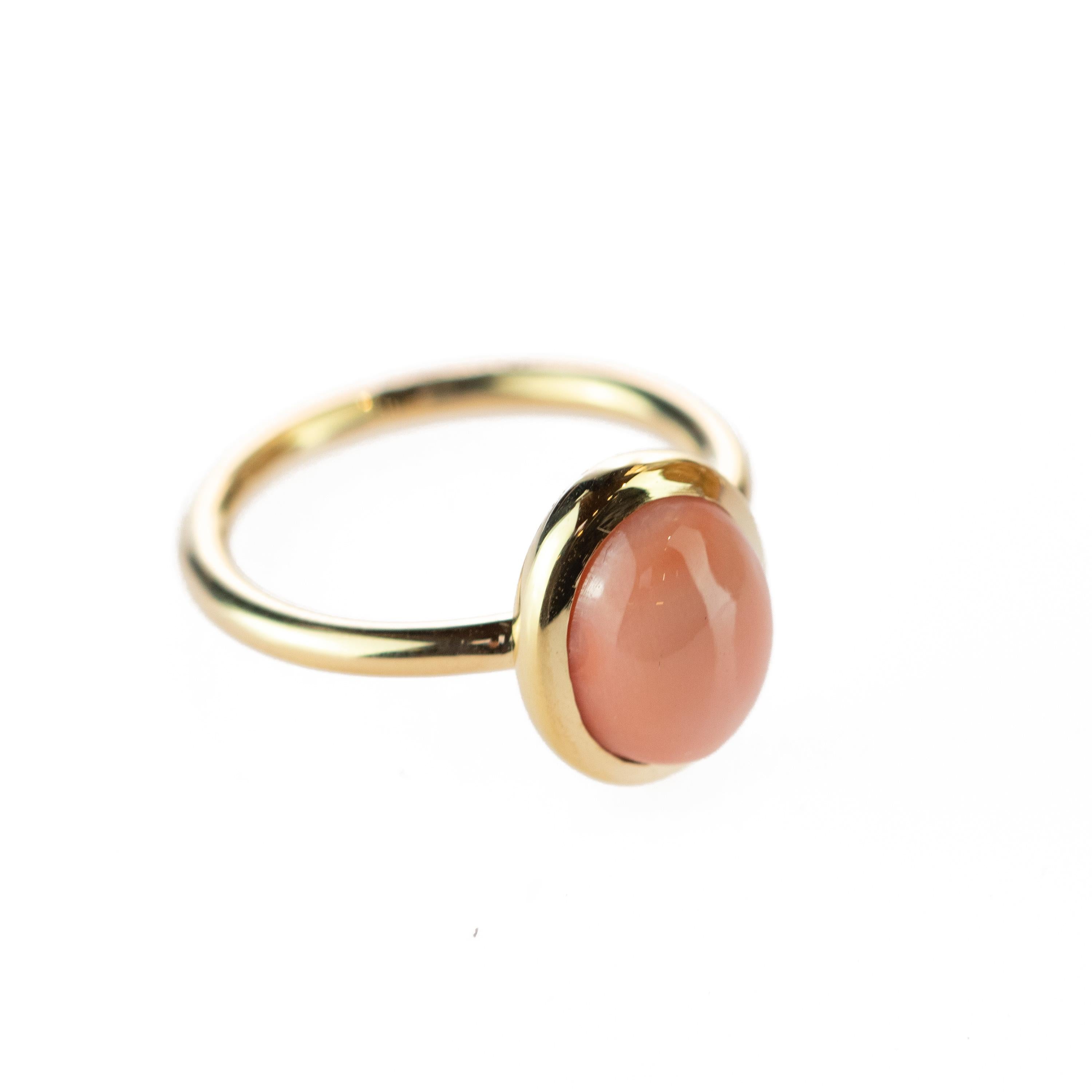 De las mujeres Coral Rosa Natural Solitario Cabujón Ovalado Oro 18 Kilates Anillo de Cóctel Boho Deco en venta