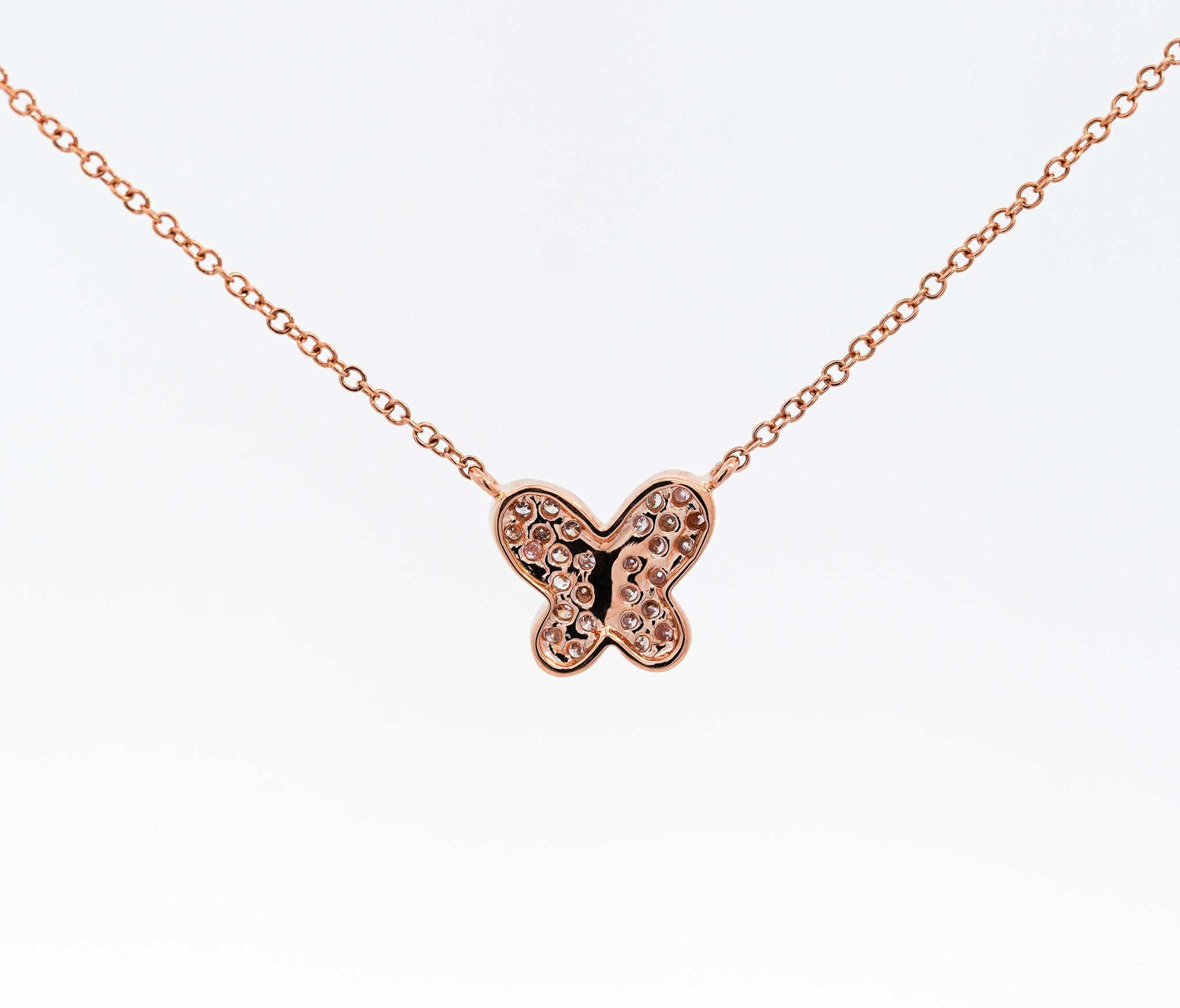 Natural Pink Diamond Butterfly Floating Pendant Necklace in 18K Rose Gold For Sale 2