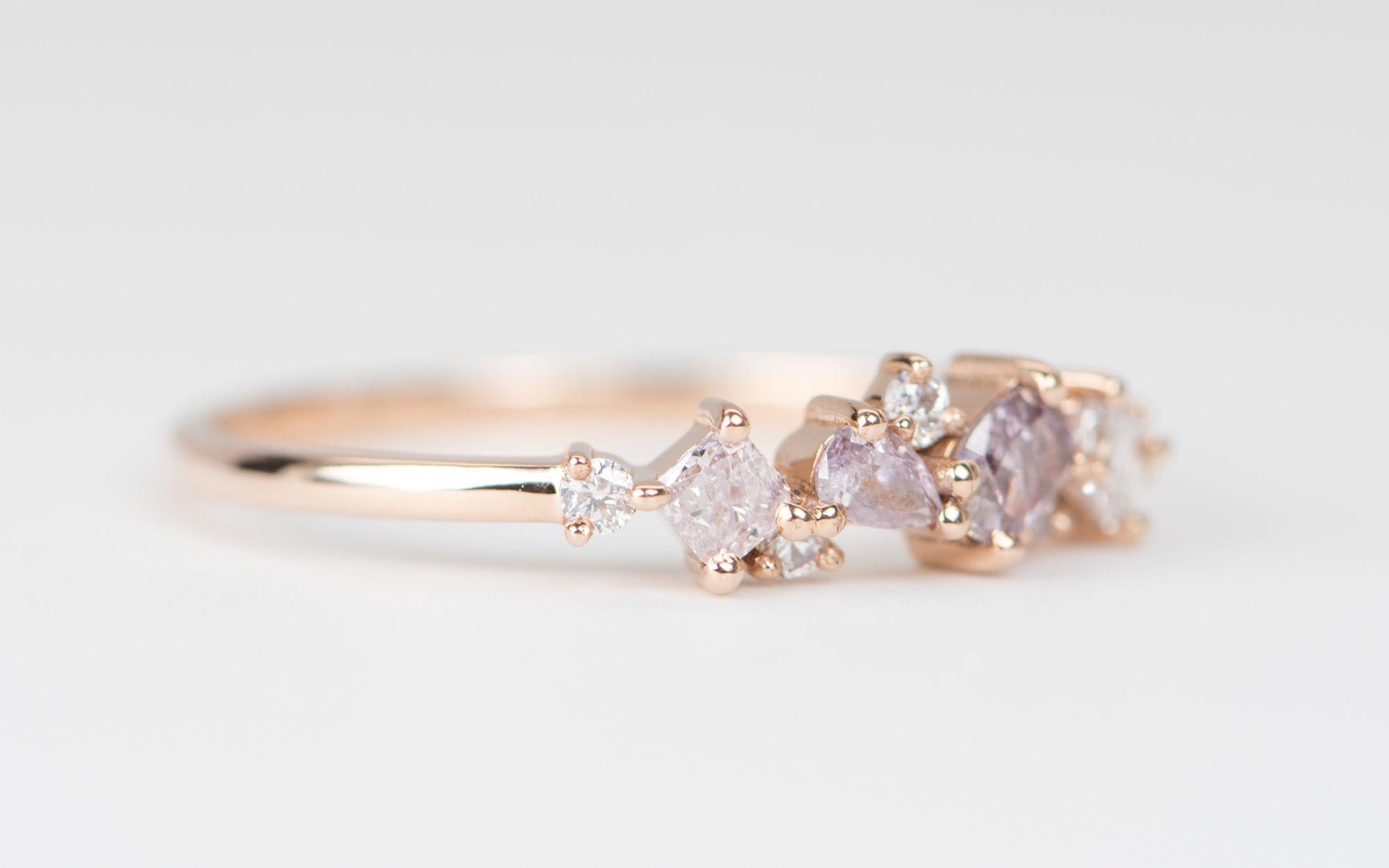 ♥ Natural Pink Diamond Cluster 14K Rose Gold Wedding Band
♥ Solid 14k rose gold ring set with beautiful mix-shaped pink diamonds
♥ Gorgeous pink color!
♥ The item measures 15.6 mm in length, 4.8 mm in width, and stands 3.4 mm from the finger

♥ US