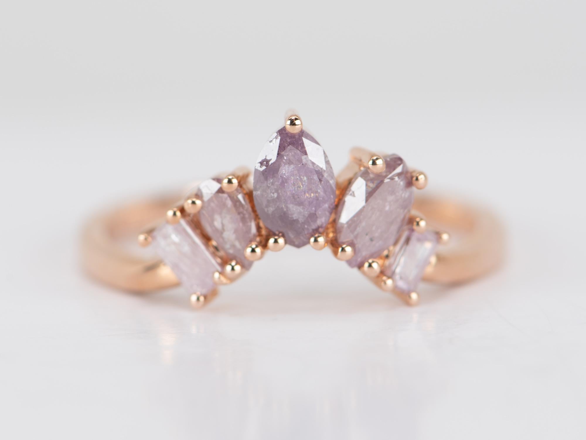 Rose Cut Natural Pink Diamond Curve Crown Ring 14K Rose Gold R5078 For Sale