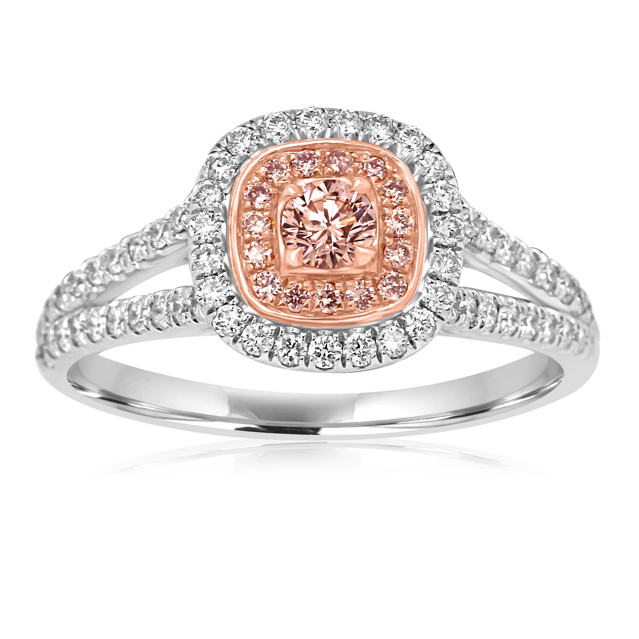 Contemporary Natural Pink Diamond Double Halo Two-Color Gold Bridal Fashion Ring