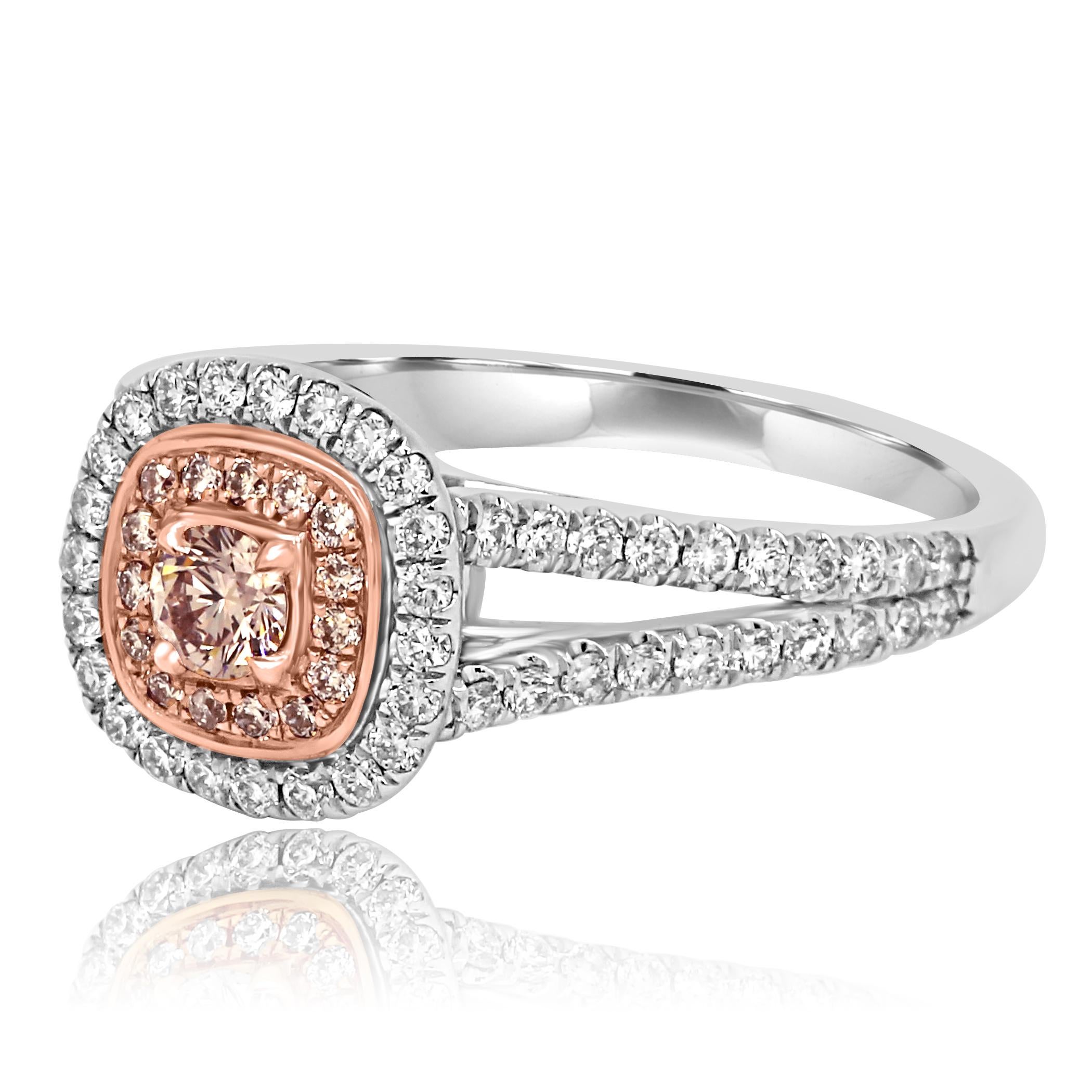 Round Cut Natural Pink Diamond Double Halo Two-Color Gold Bridal Fashion Ring