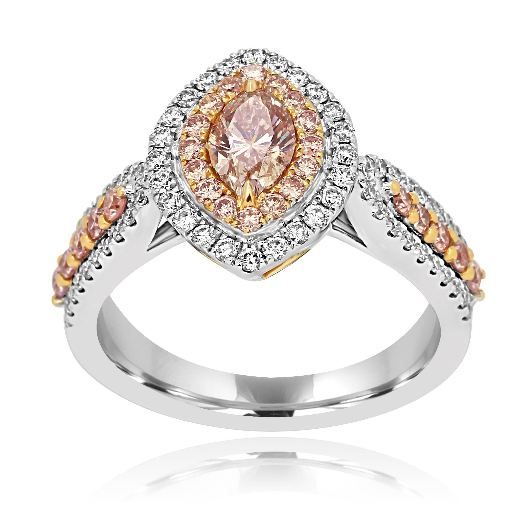 Natural Pink Diamond Marquise 0.54 Carat encircled in a double halo of natural Pink round diamonds 0.43 carat and white round diamonds 0.45 Carat in 18k  White and Rose Gold Bridal Fashion ring.

Style available in different price ranges. Prices are