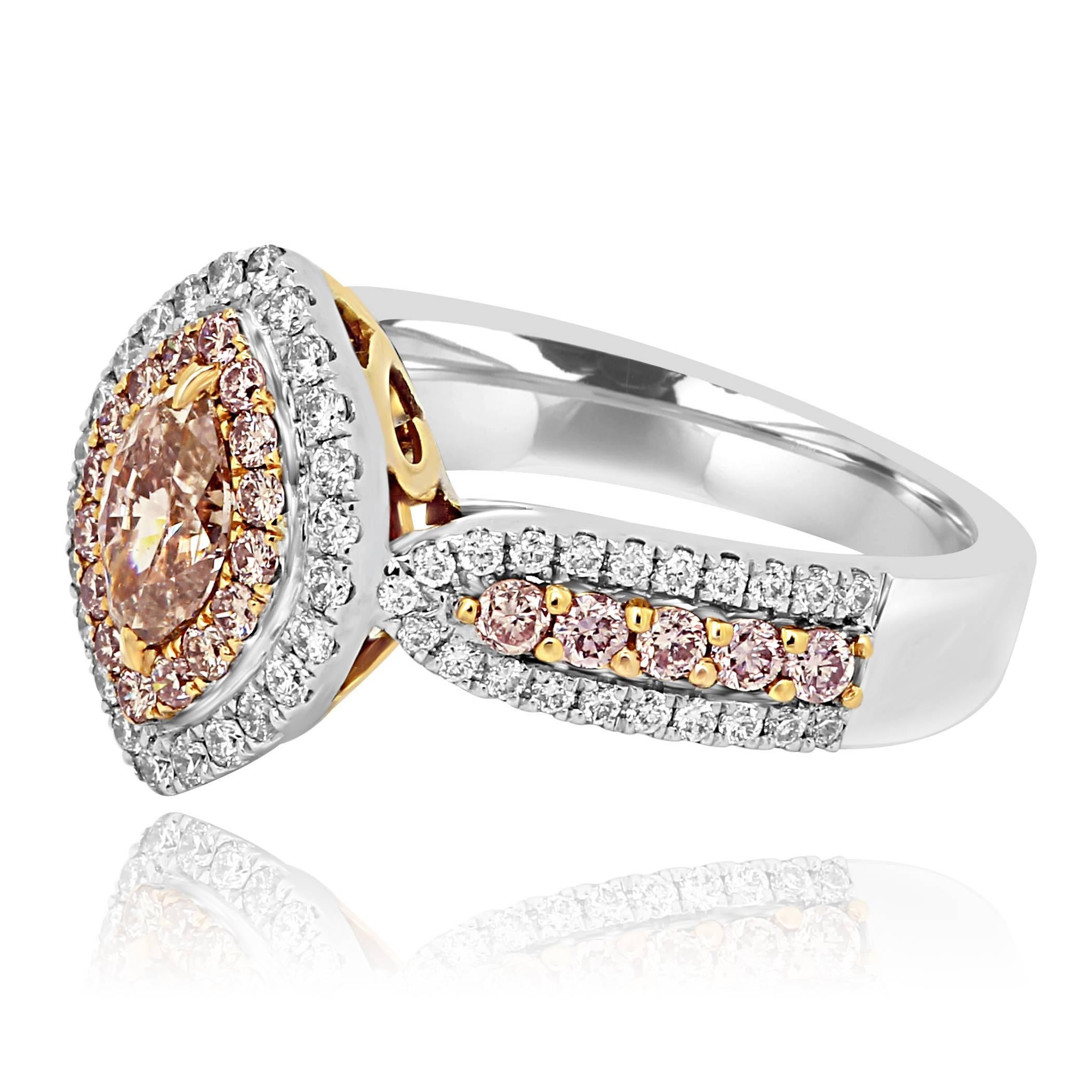 Modern Natural Pink Diamond Double Halo Two-Color Gold Bridal Fashion Ring