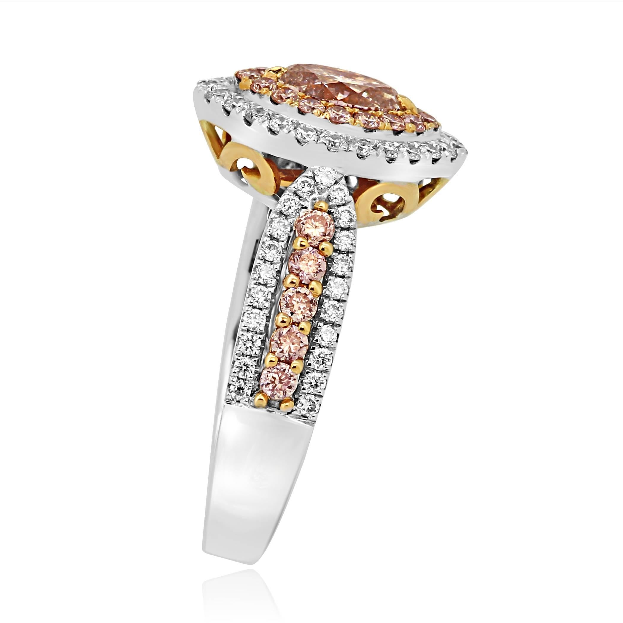 Marquise Cut Natural Pink Diamond Double Halo Two-Color Gold Bridal Fashion Ring