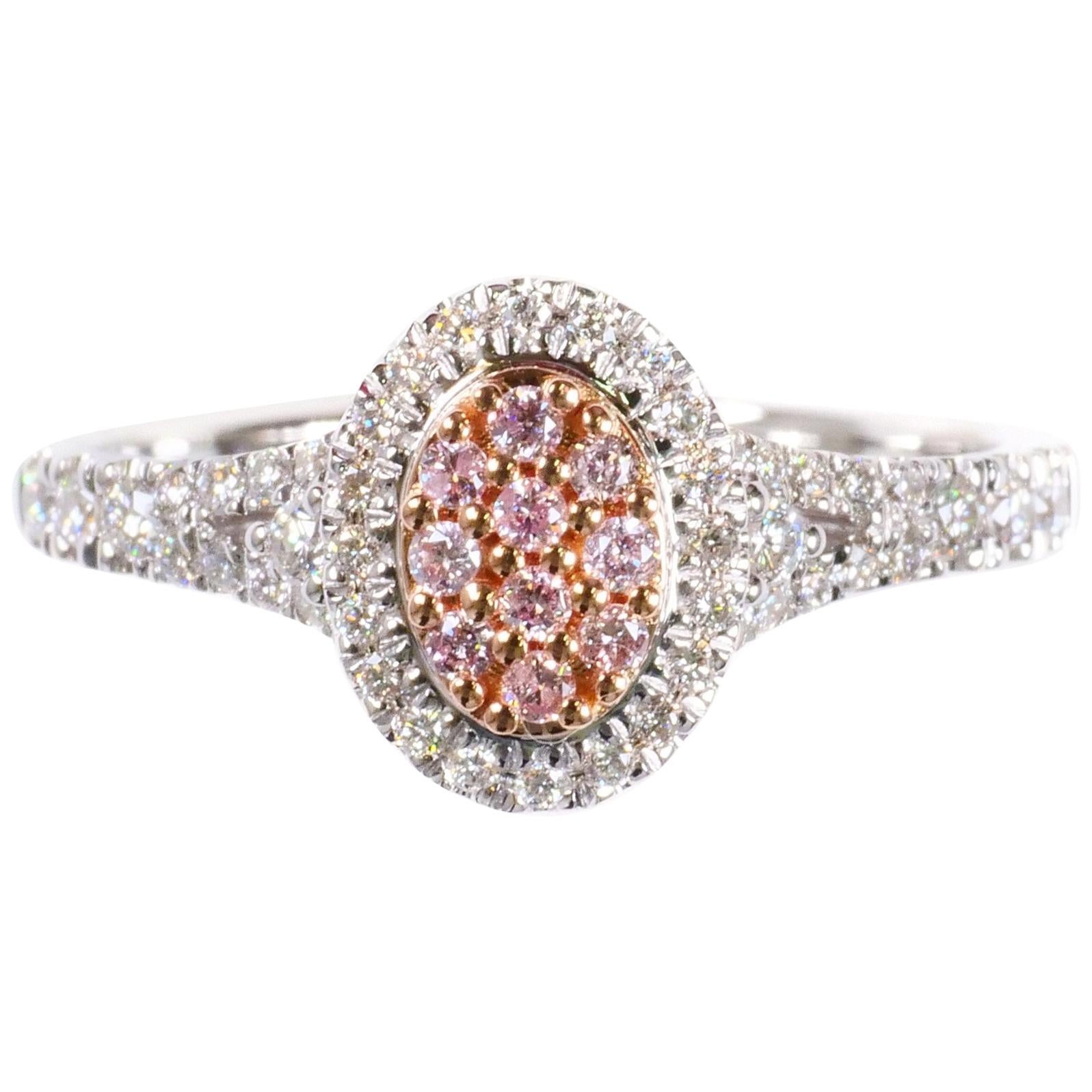 Natural Pink and White Diamond Halo Round Shaped Cluster Ring 0.36tw 18